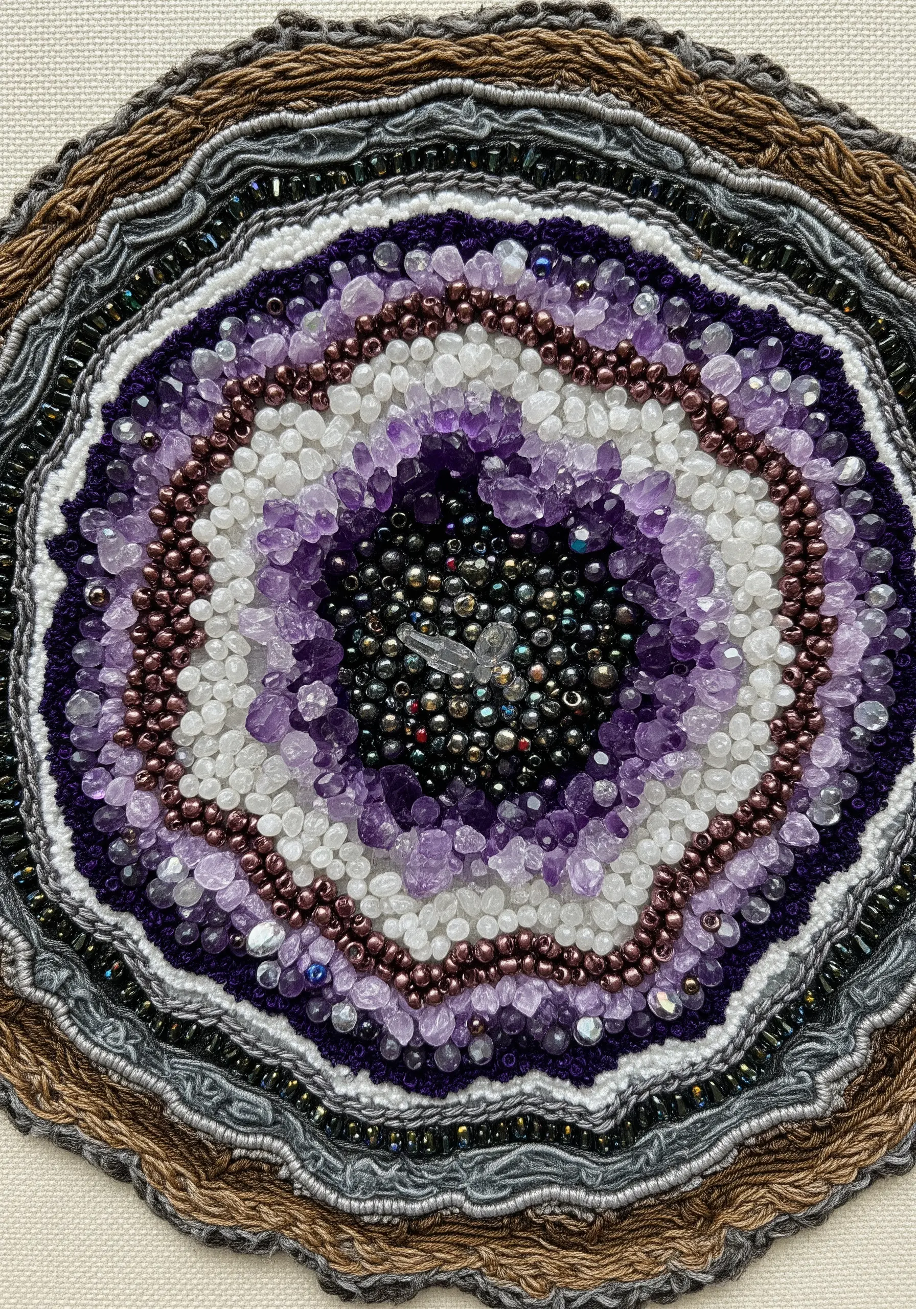 A detailed, circular embroidery of an amethyst geode using beads, crystal chips, and textured yarn.