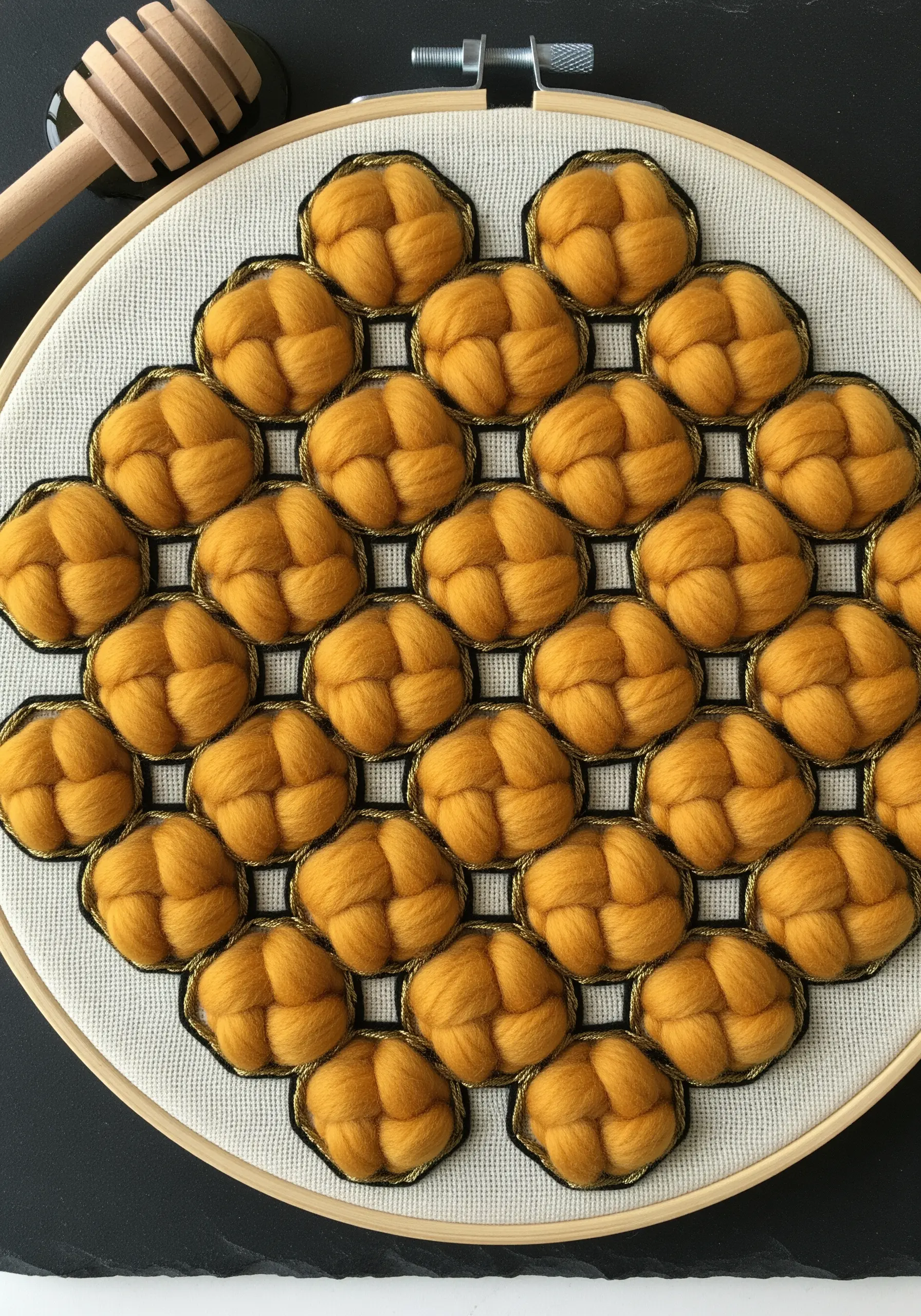 A honeycomb pattern made of puffy yellow wool roving, each section wrapped with gold thread.
