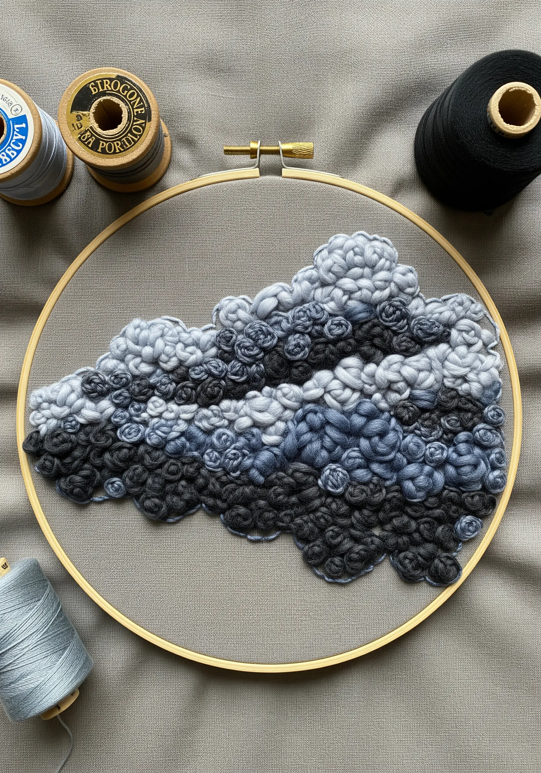 A dense, textured storm cloud made of grey, white, and black woven wheel stitches and knots.