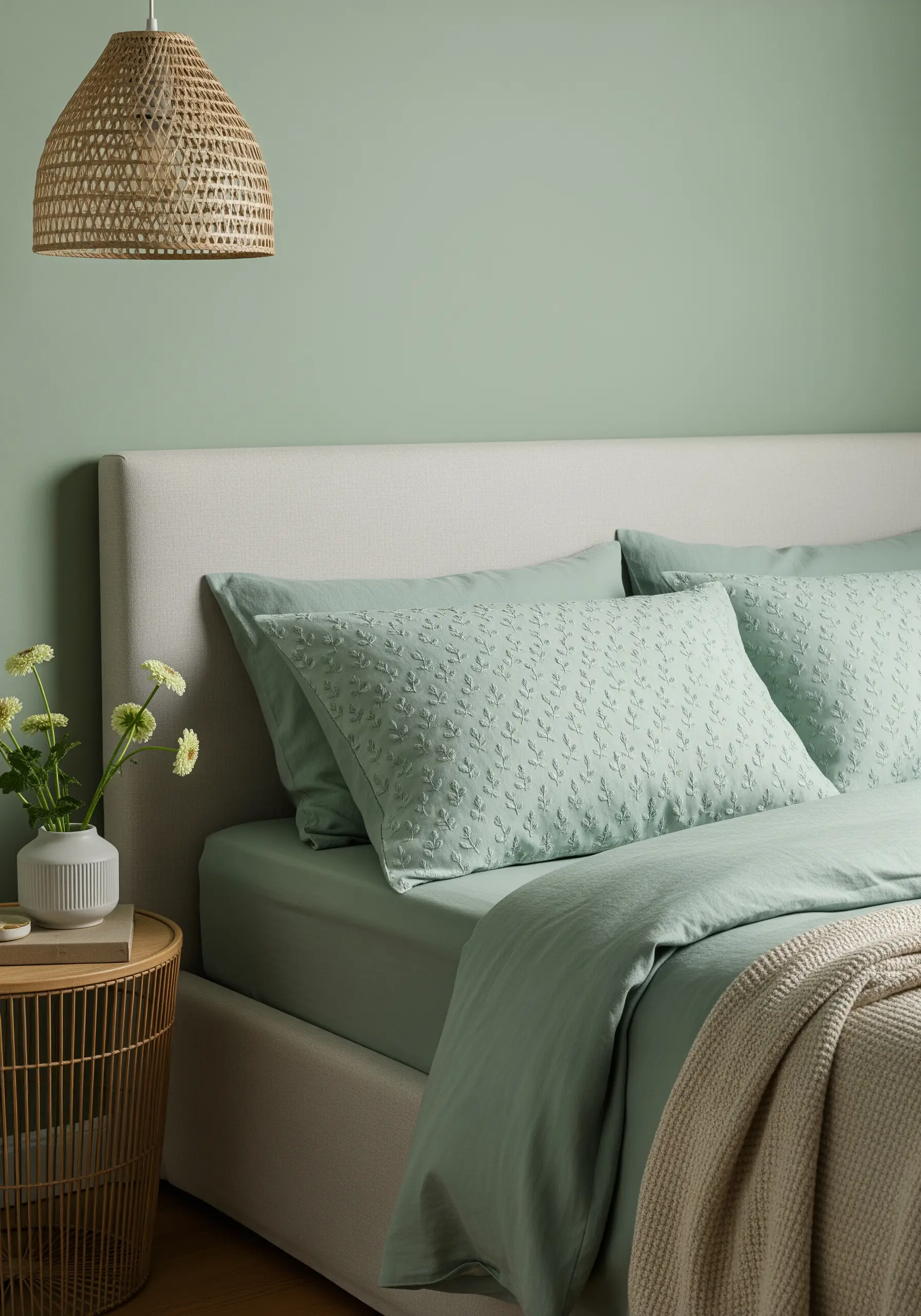 A repeating pattern of small, textured leafy sprigs on a sage green pillowcase.