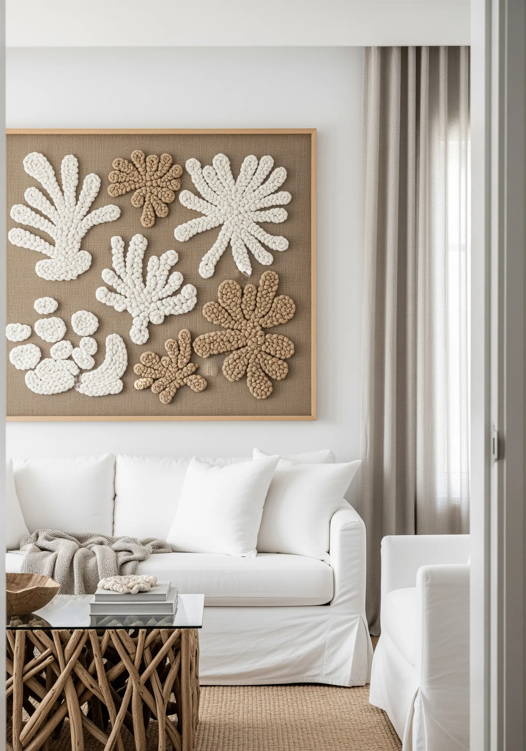 Large-scale wall art with chunky yarn creating abstract botanical and coral shapes.