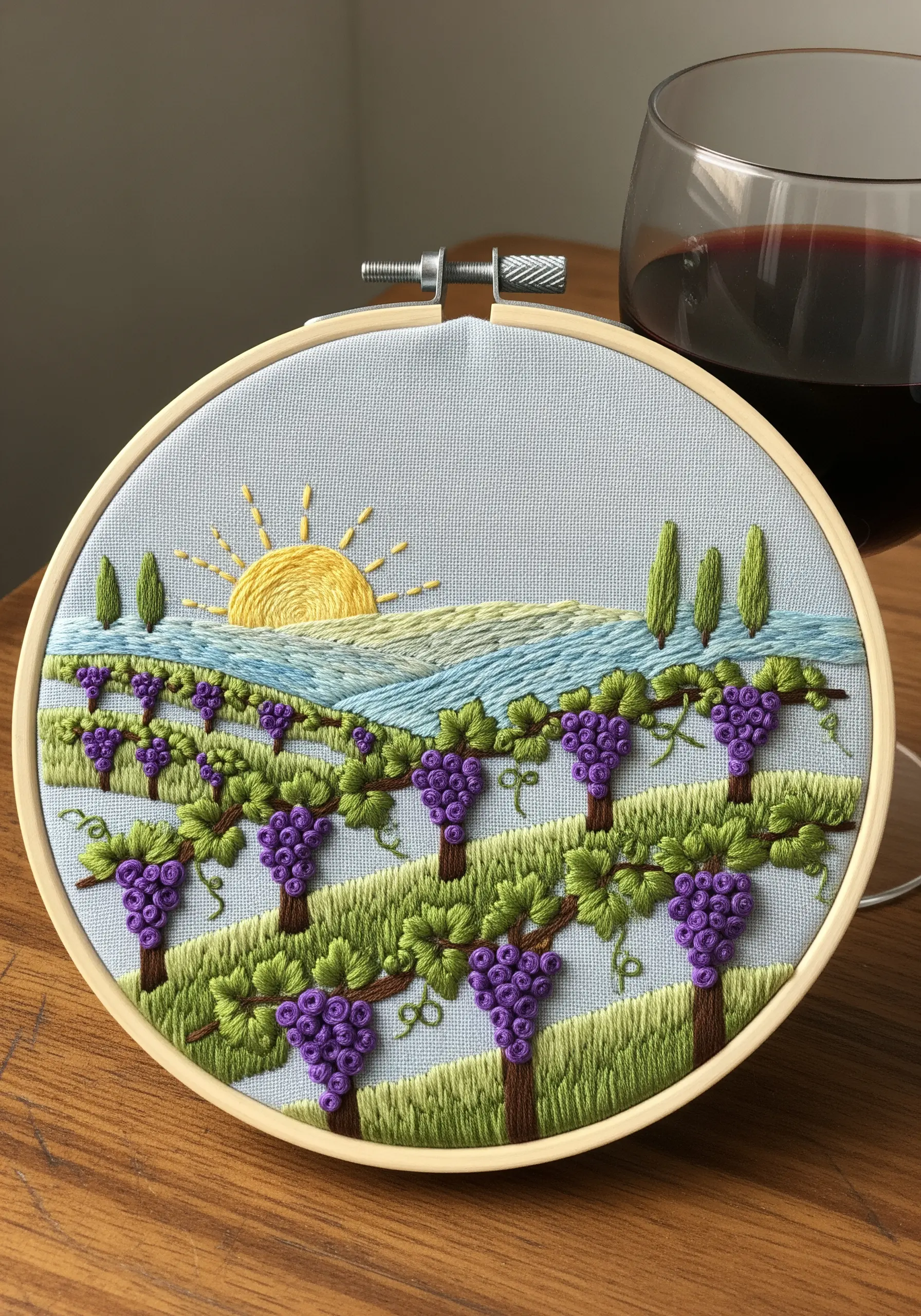 Embroidery of a vineyard with purple grape clusters made from bullion knots.