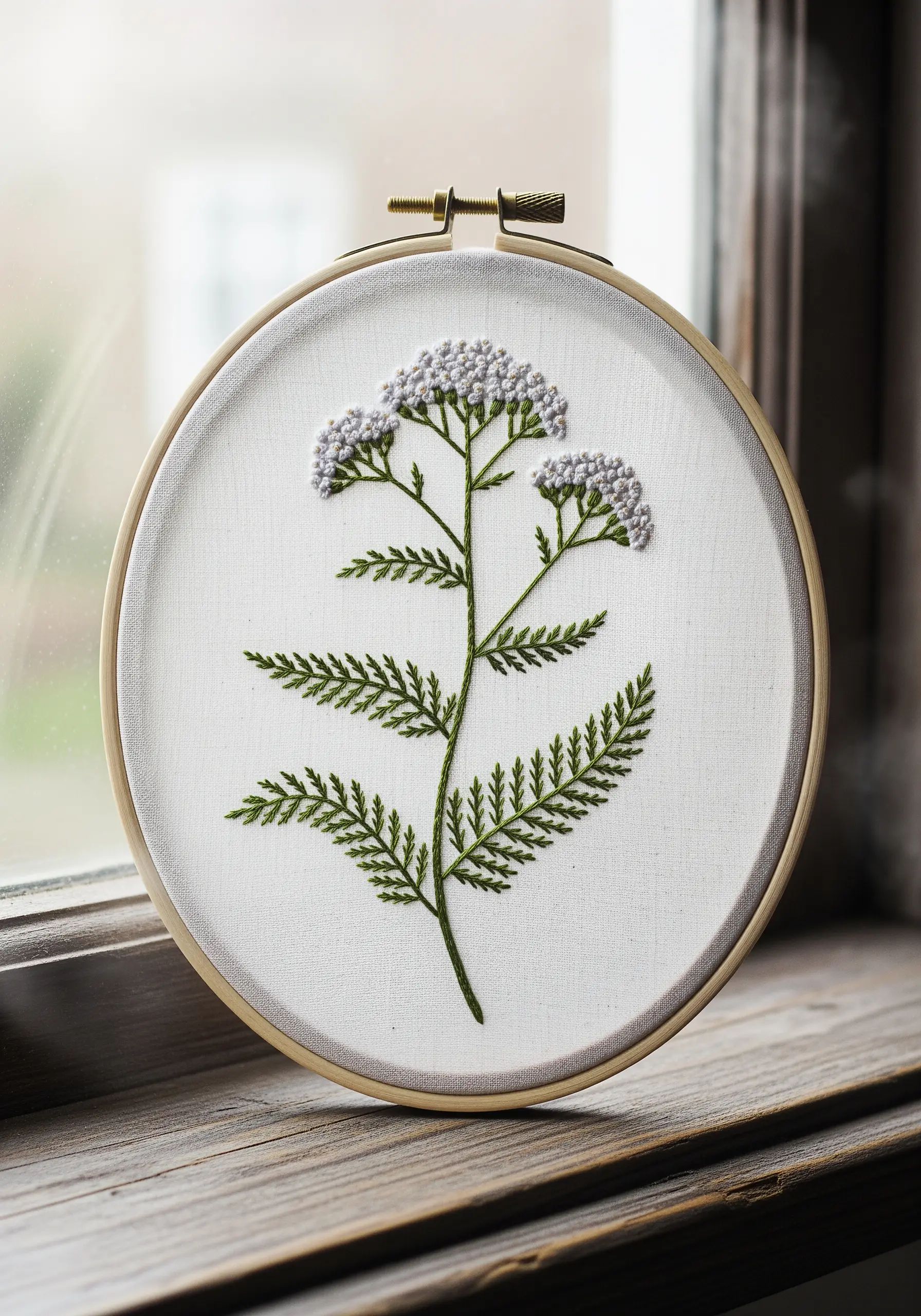 An embroidered yarrow plant with clusters of white French knot flowers and feathery green leaves.