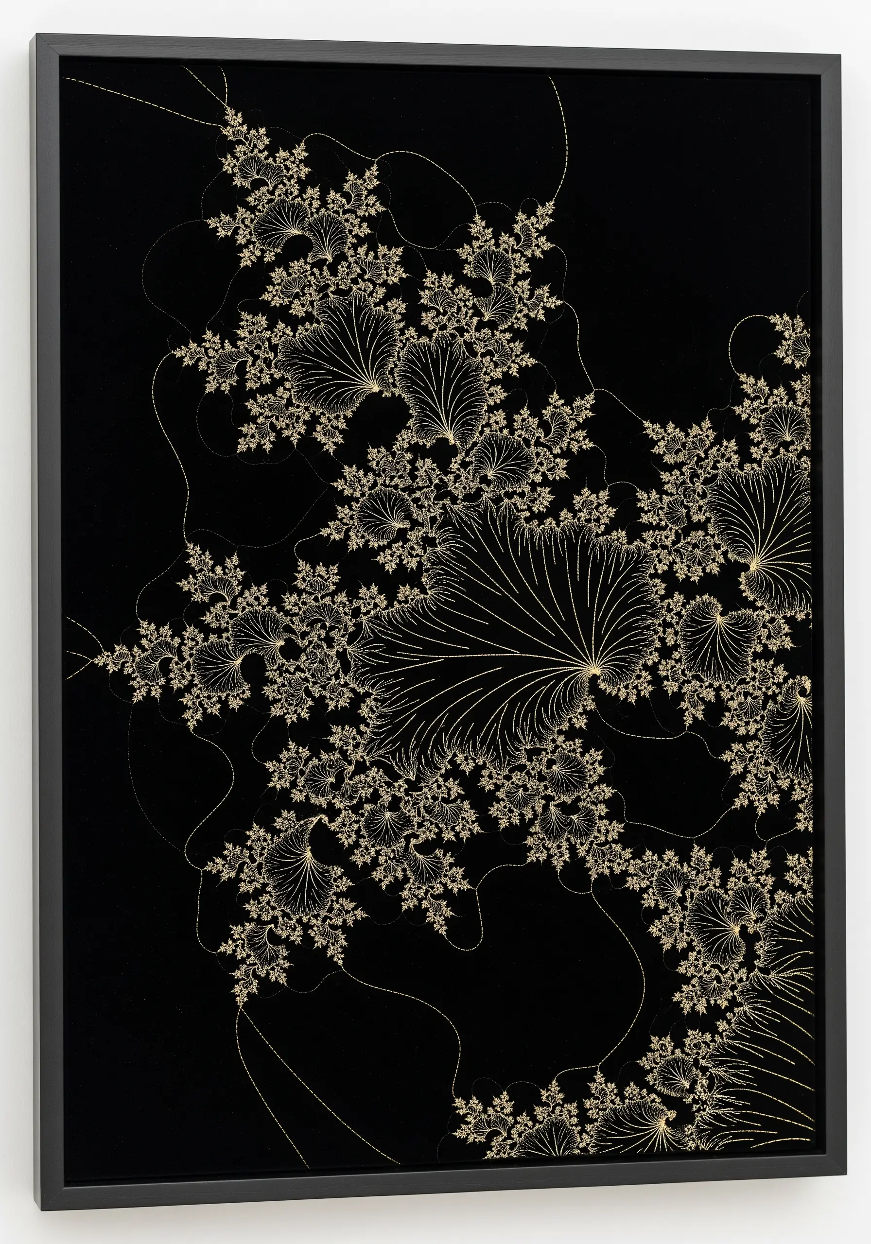 An intricate, fractal-like pattern of leaves and fans stitched in gold on a black background.