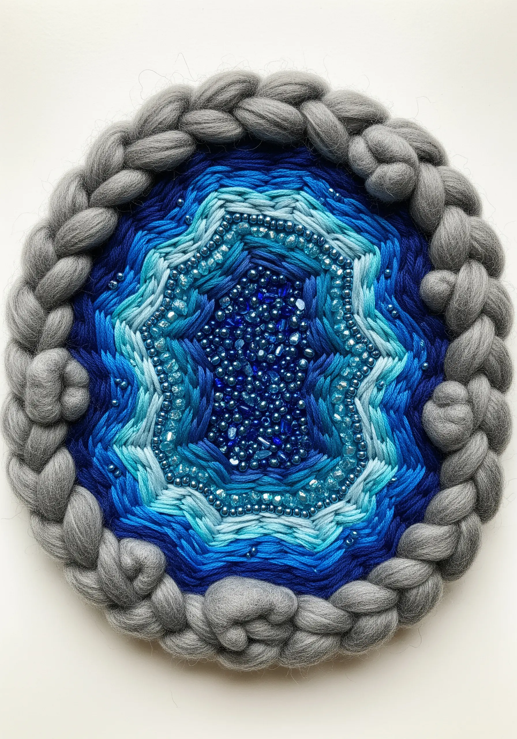 Blue beaded mandala embroidery with a chunky grey wool roving border.
