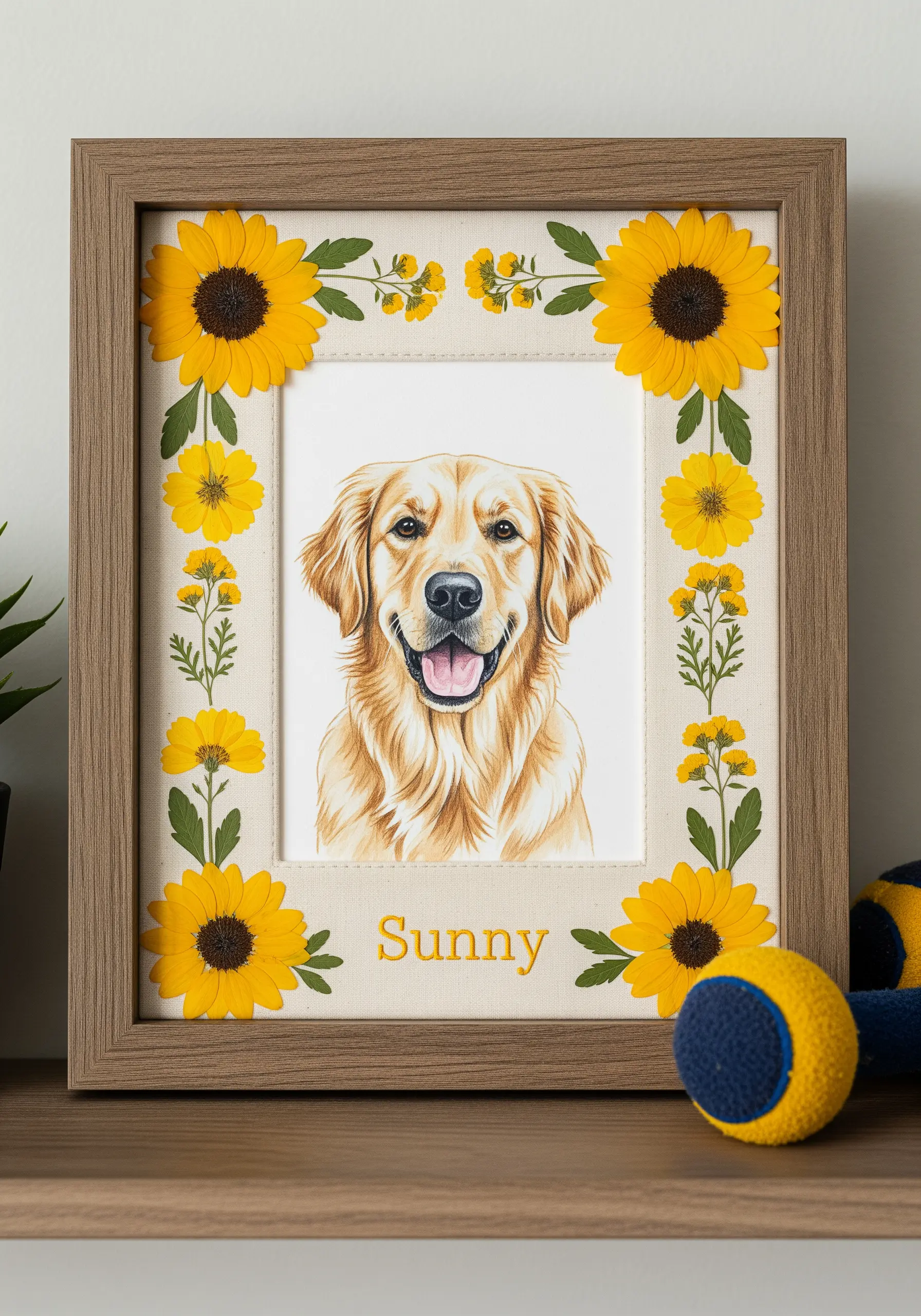 A pet portrait in a wooden frame, surrounded by a border of pressed sunflowers and embroidered leaves.