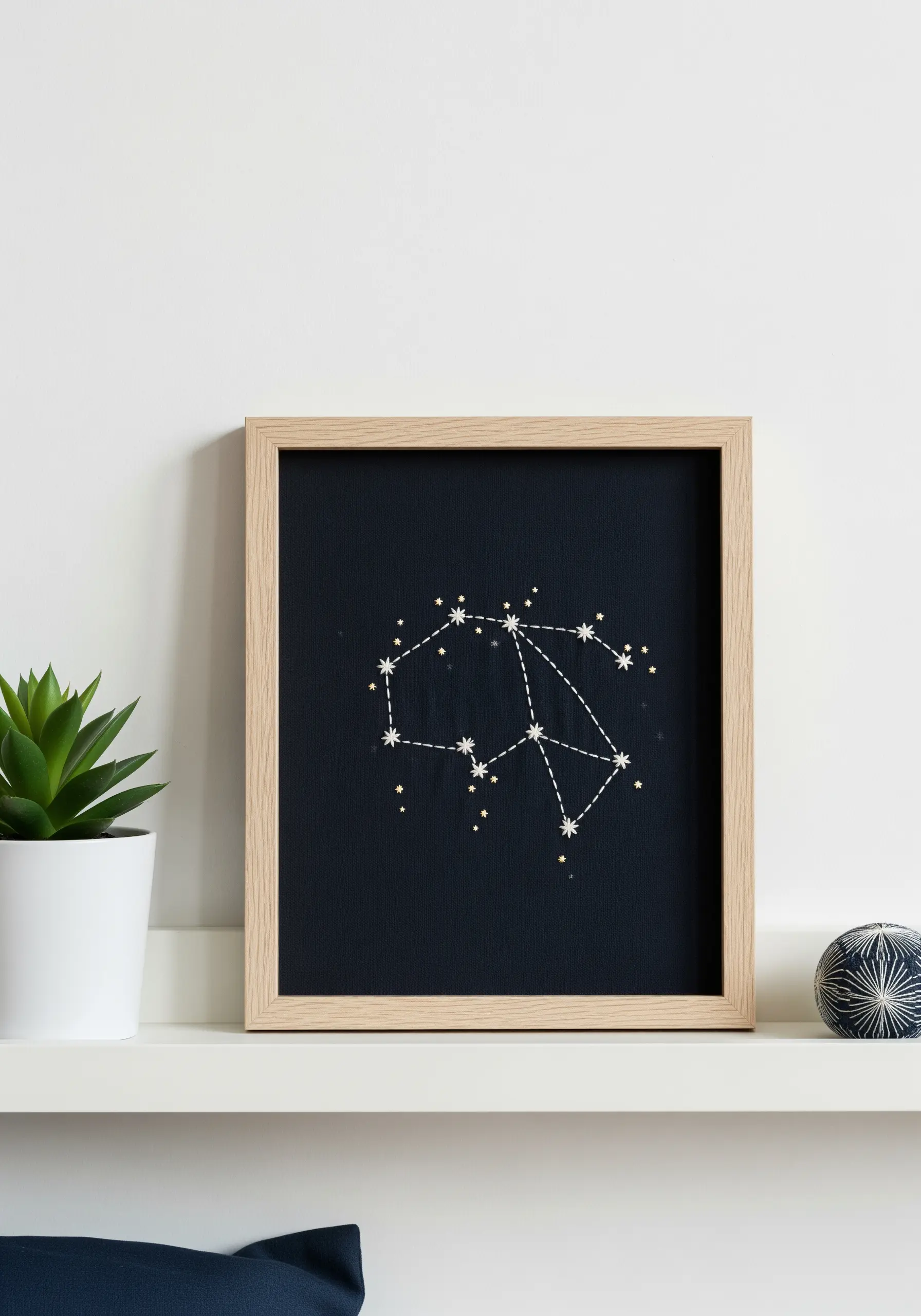 A framed embroidery of a constellation stitched with white and gold thread on black fabric.