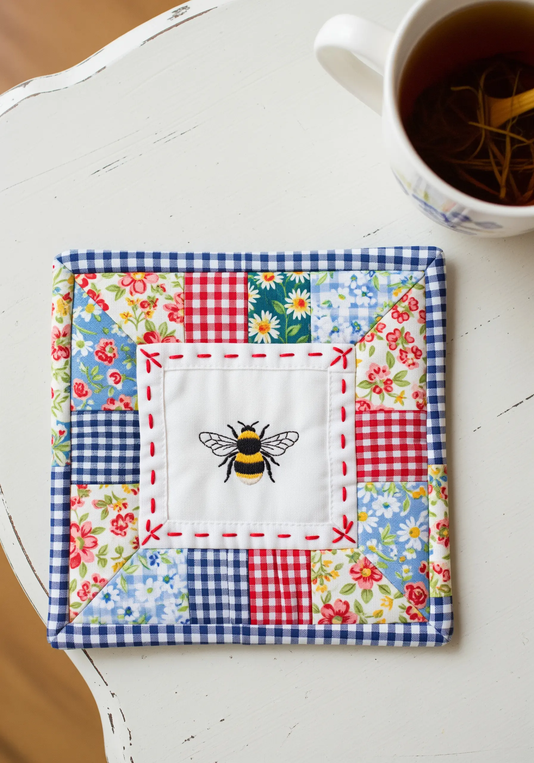 An embroidered bee on a white fabric square, framed by a colorful patchwork border to make a mug rug.