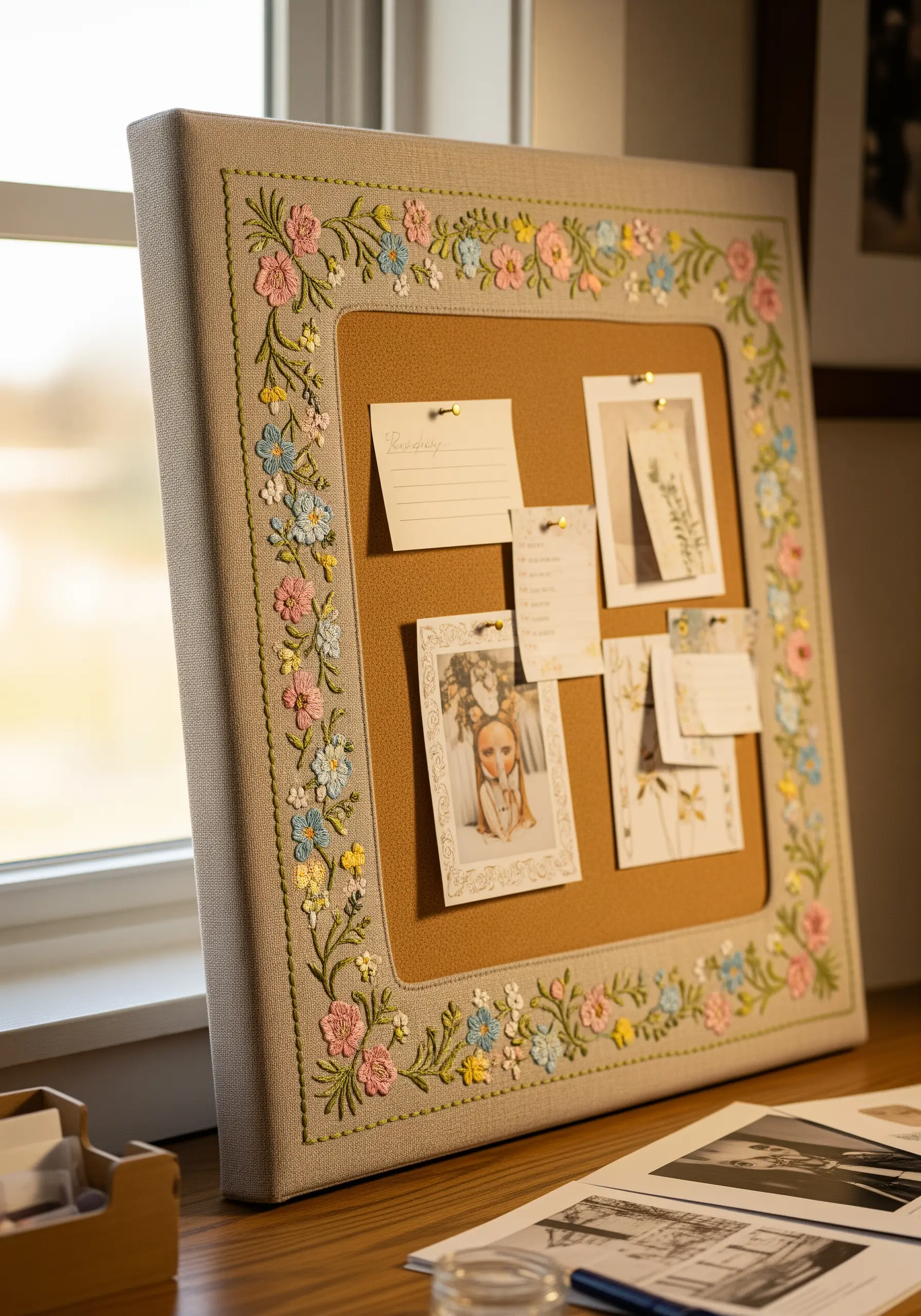A fabric-covered corkboard framed with an embroidered border of pink, blue, and yellow flowers.