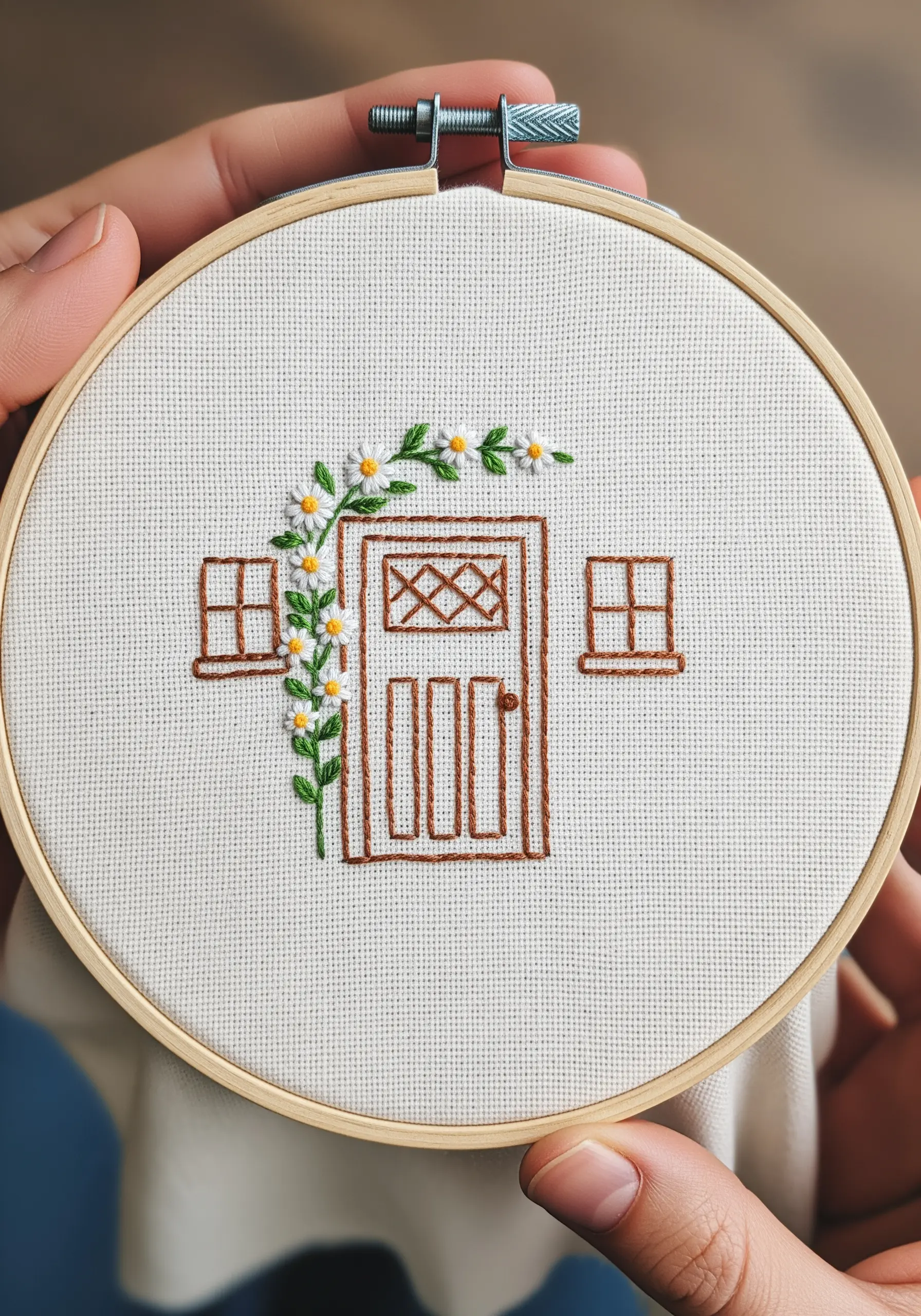 Embroidered cottage door outlined in brown thread, framed with a climbing daisy vine.