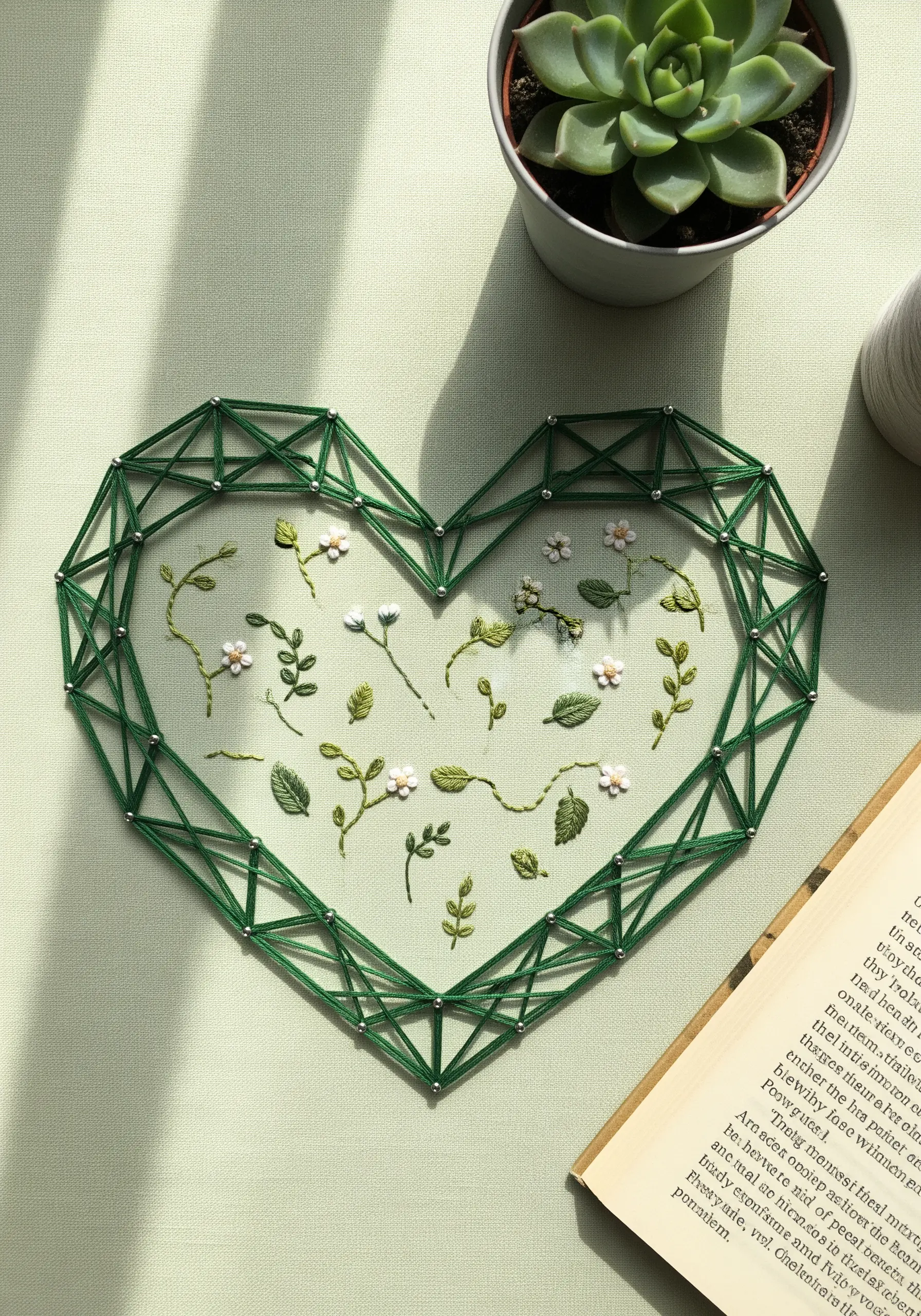 A geometric green string art heart framing a scattering of tiny embroidered wildflowers inside.
