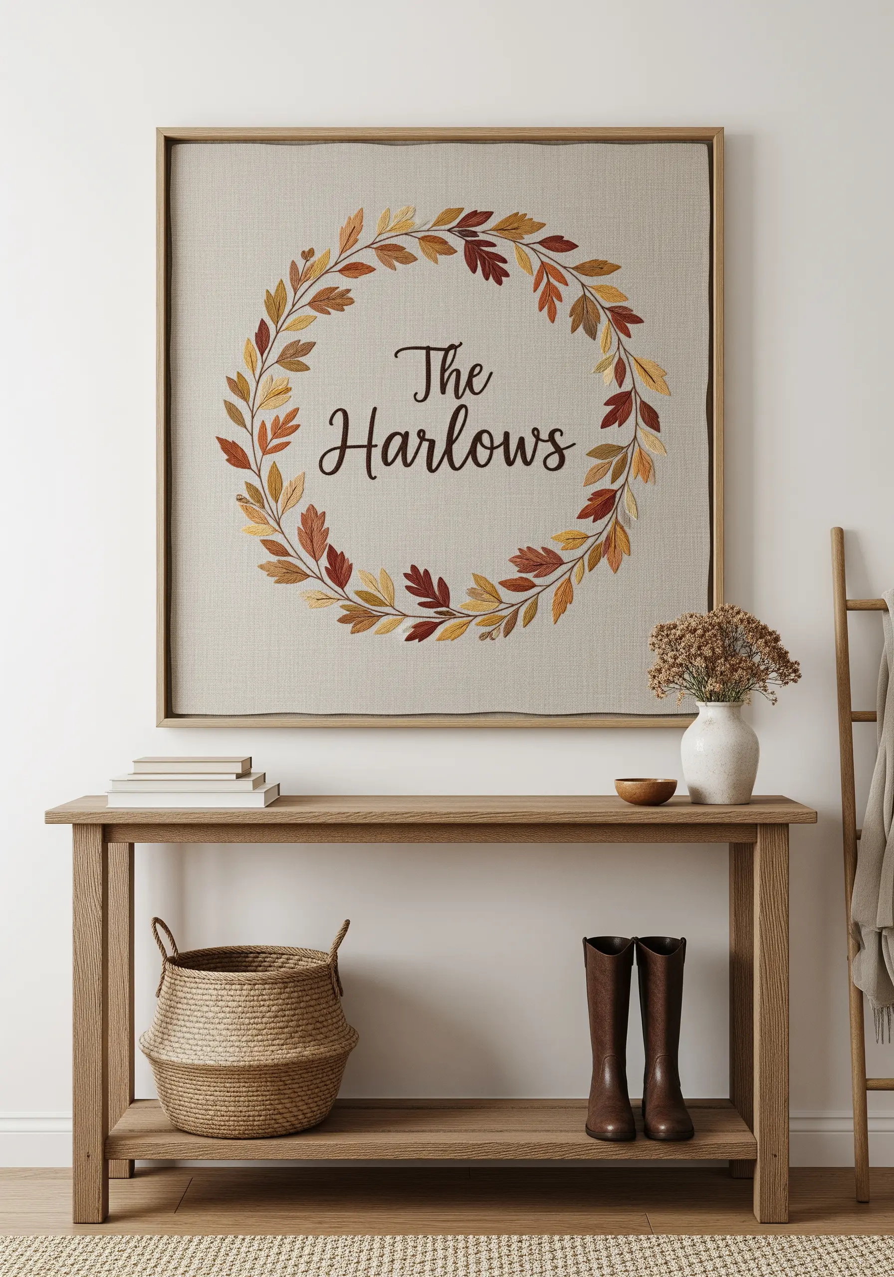 Large framed embroidery of a family name inside a fall foliage wreath.