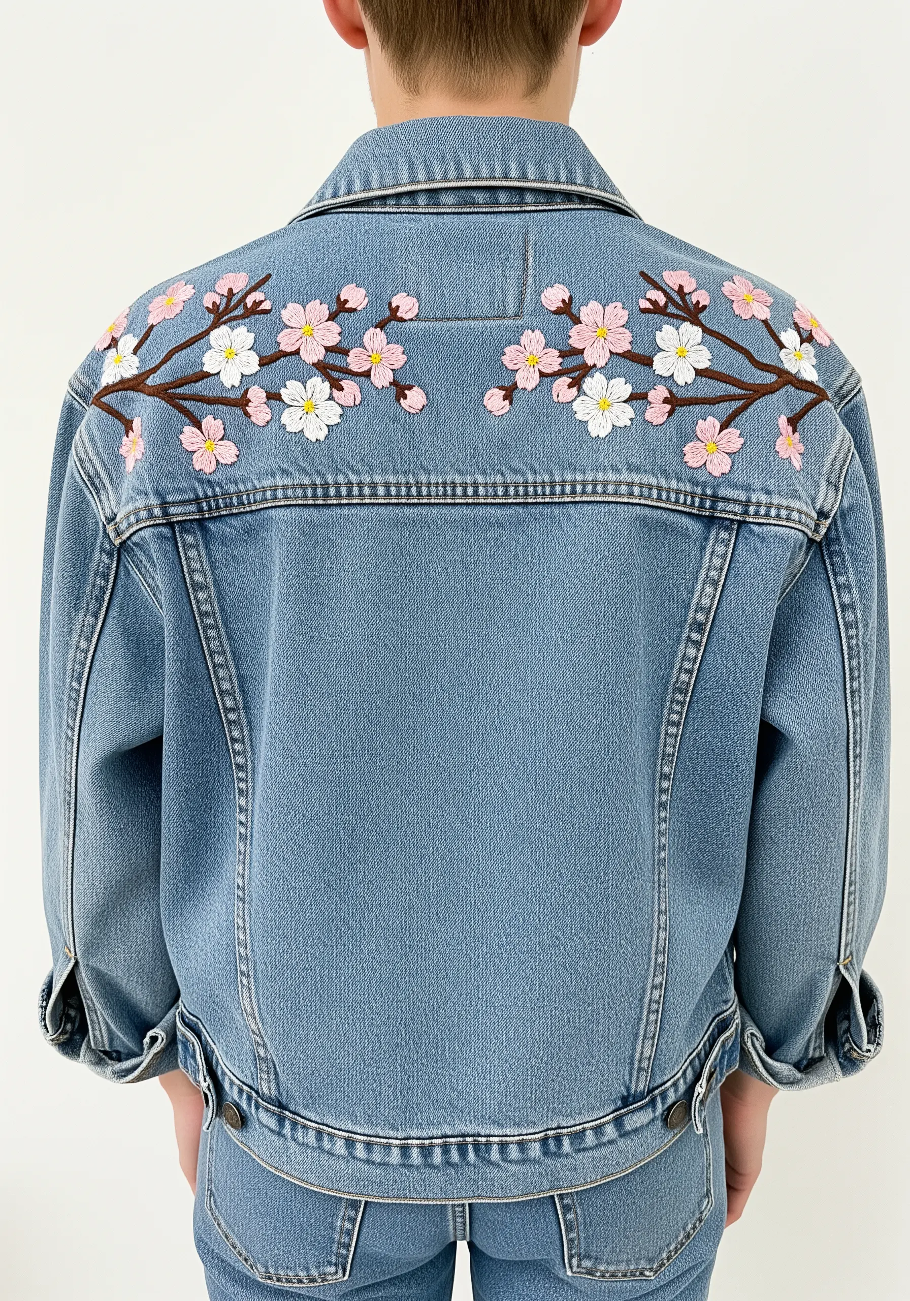 Cherry blossom branches with pink and white flowers embroidered across the back of a denim jacket.