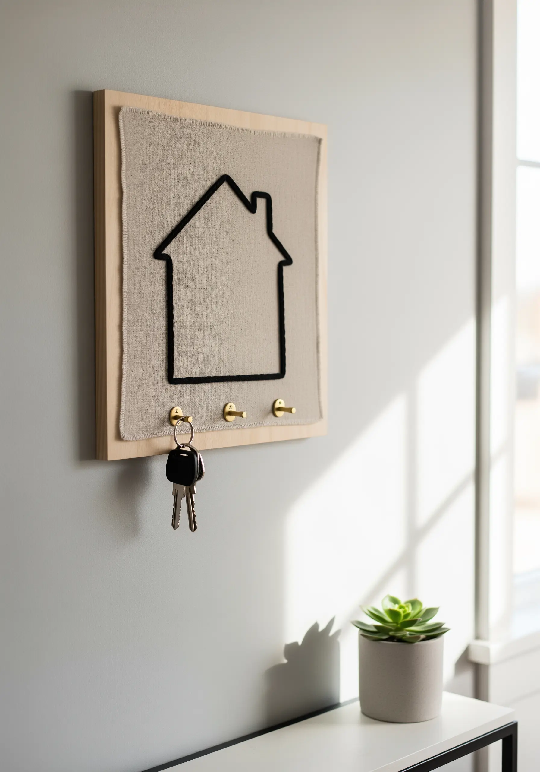 Black cord embroidered in a house shape on linen fabric for a key holder.