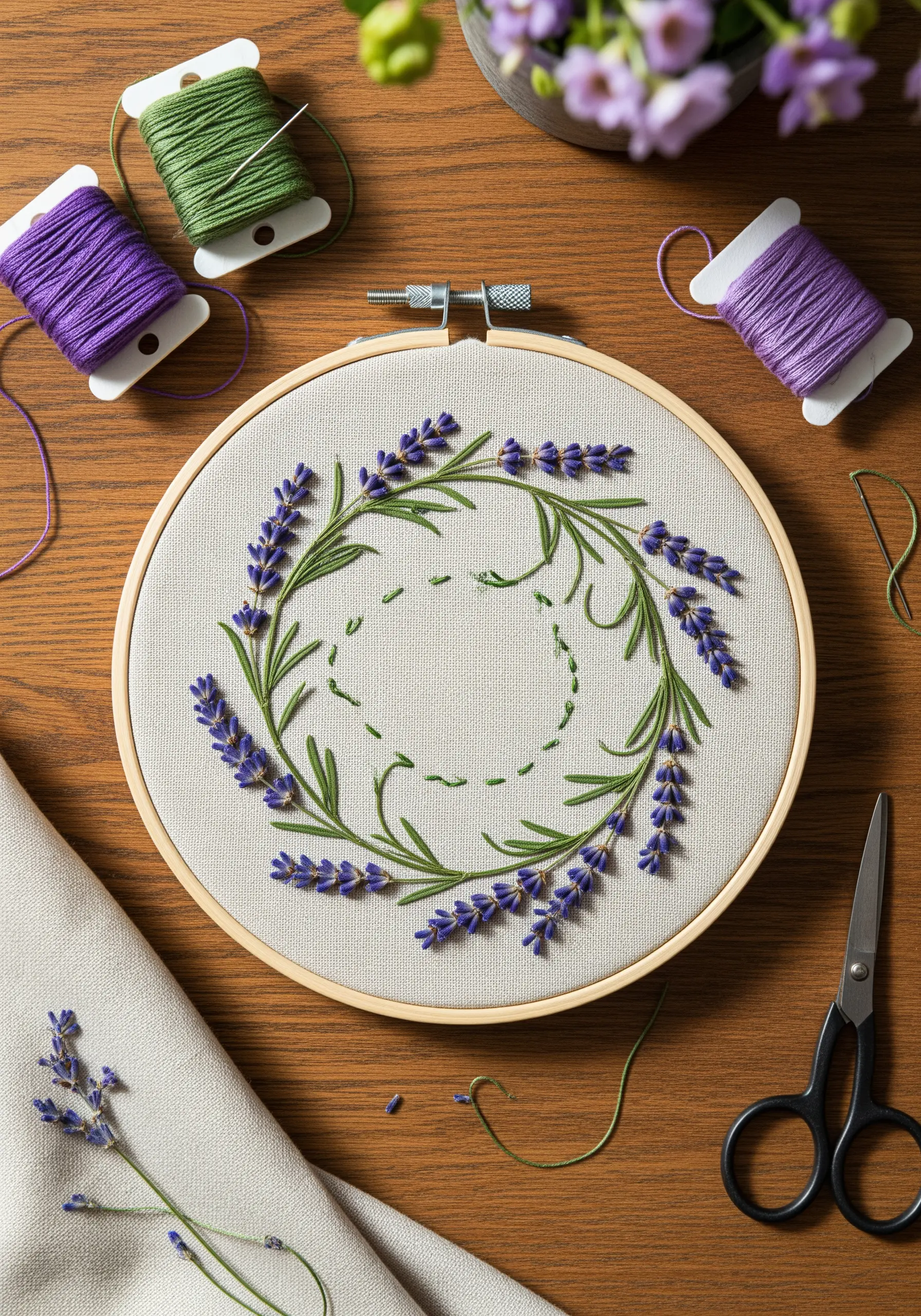 An embroidered lavender and rosemary wreath with French knots and fishbone stitches.