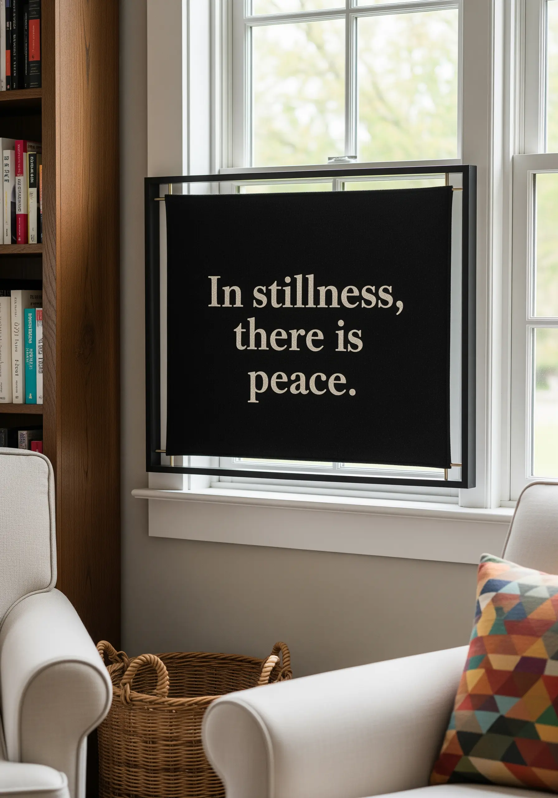An embroidered quote on black fabric, framed and placed in a sunlit window