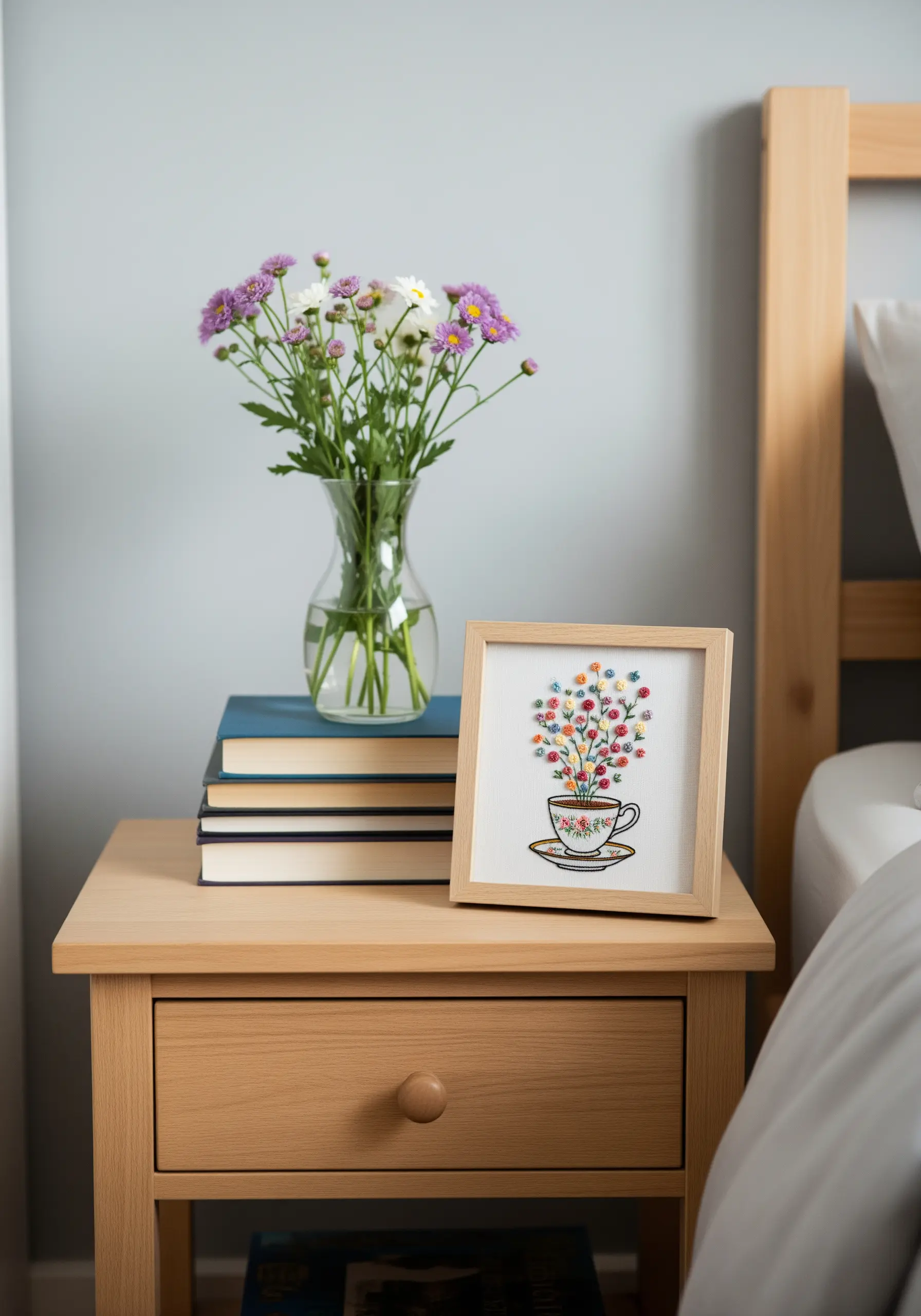 A small framed embroidery of a teacup overflowing with a bouquet of tiny, colorful flowers.