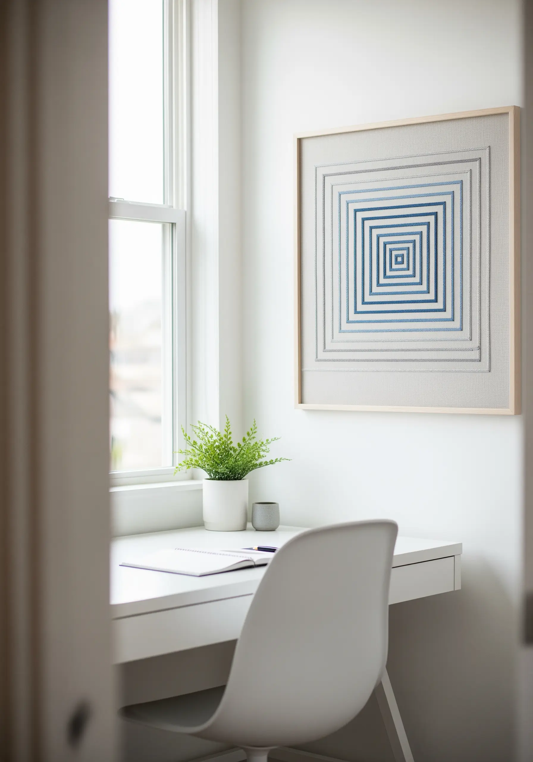 Framed embroidery of concentric squares in a blue-to-white gradient, hanging in a minimalist office.