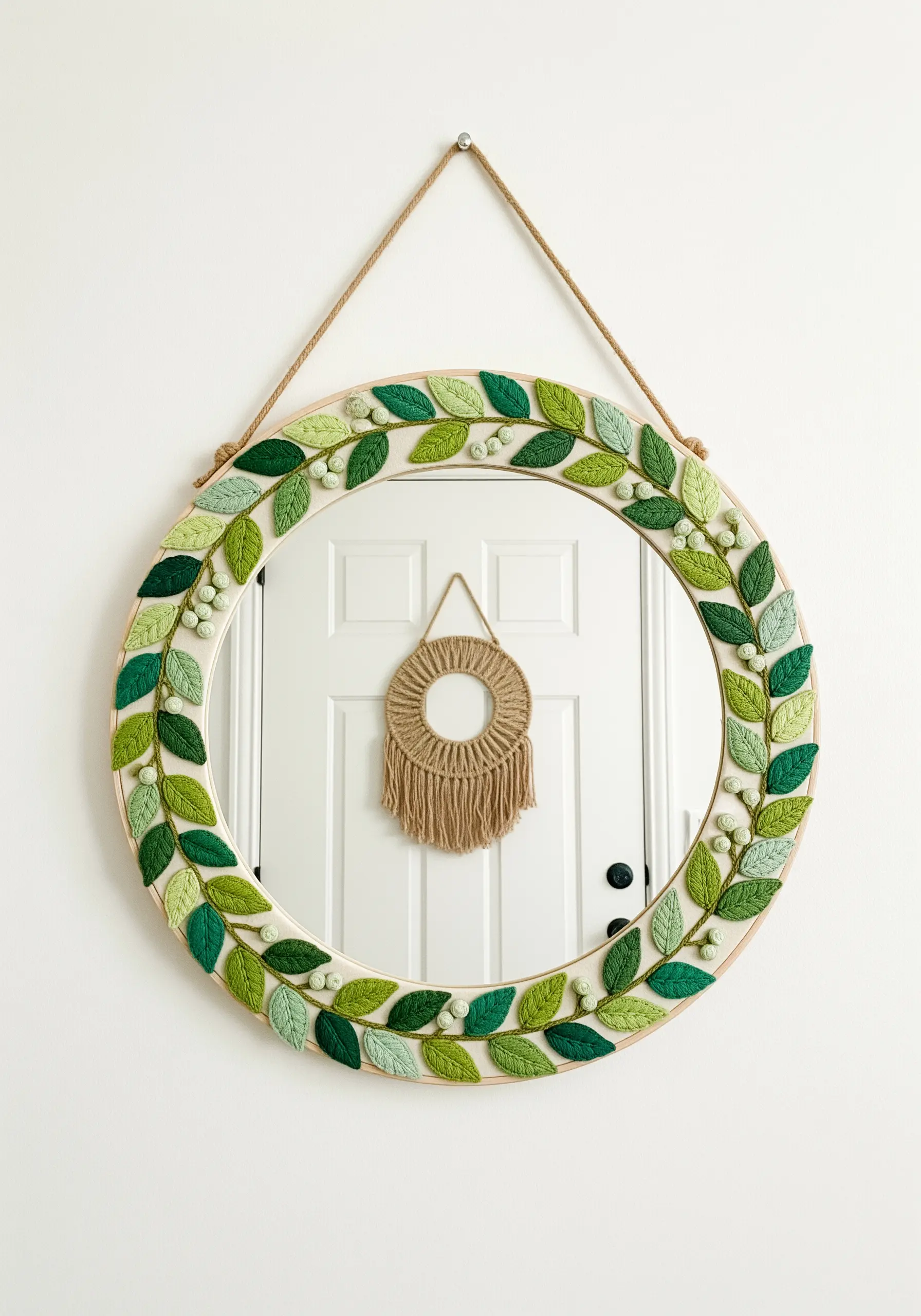 A round mirror with a frame embellished with three-dimensional embroidered leaves in shades of green.