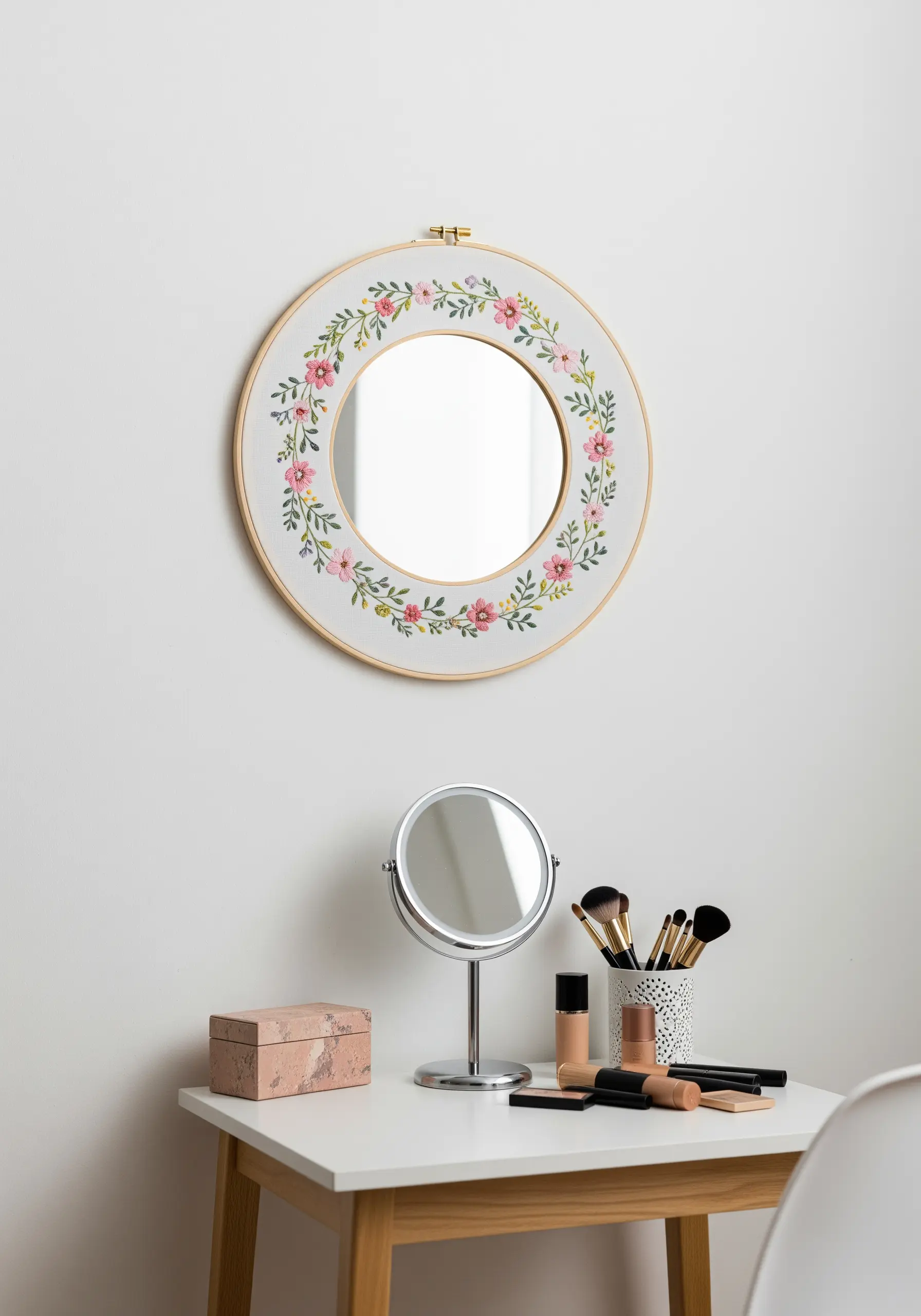 A round mirror set inside an embroidery hoop framed with a stitched floral wreath.