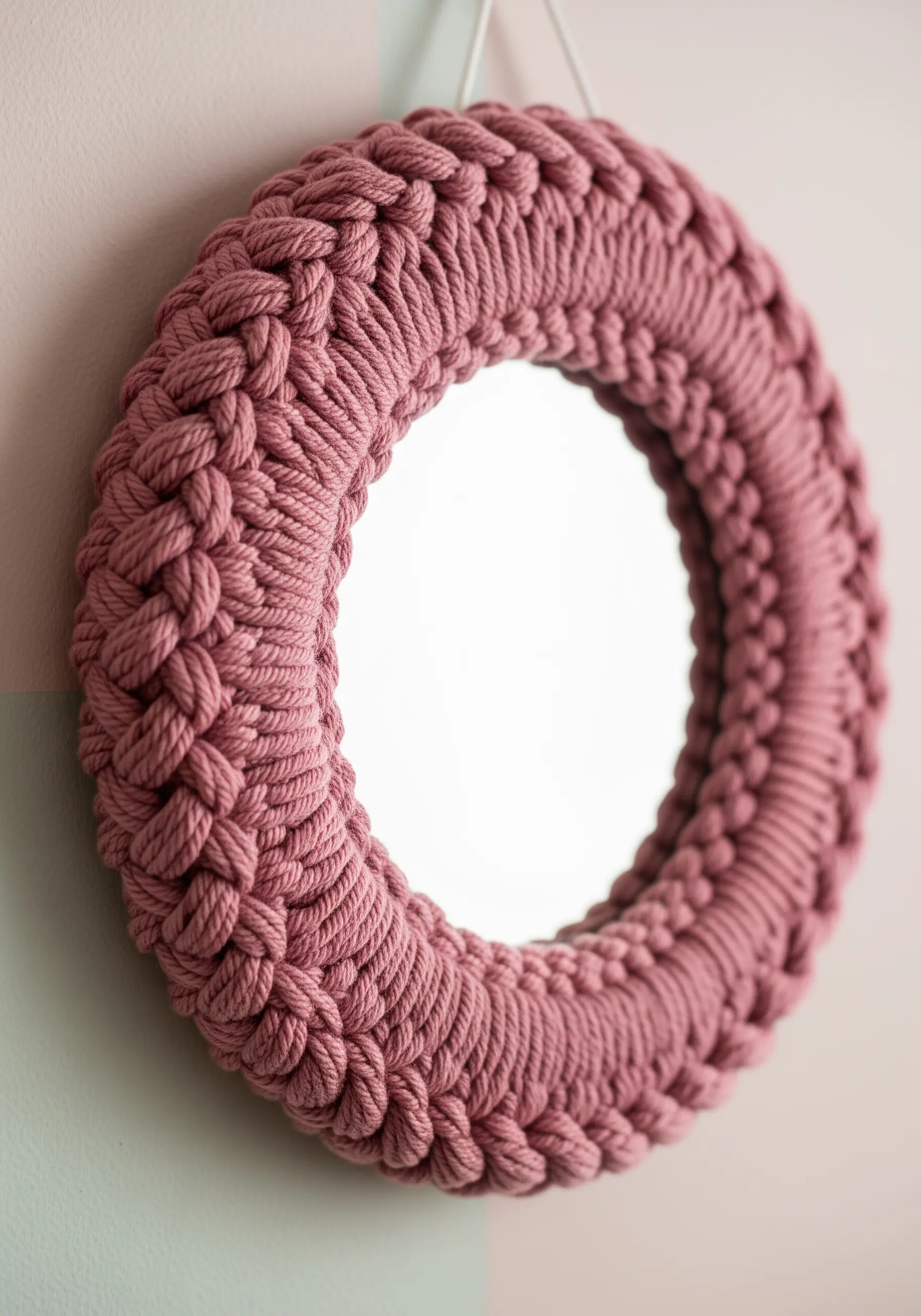 A round mirror framed with thick, braided dusty pink macrame cord.