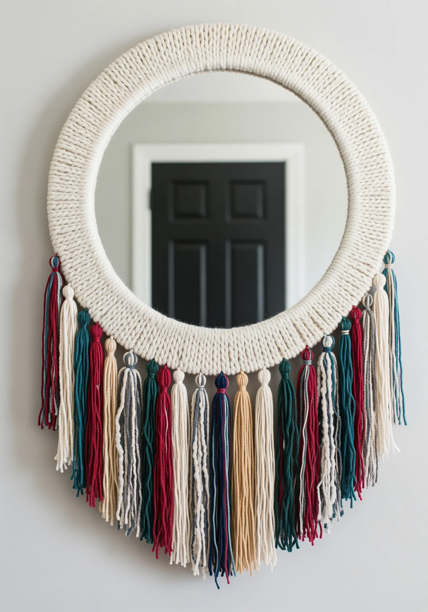 A round mirror framed with tightly wrapped cream-colored yarn and a fringe of colorful tassels.