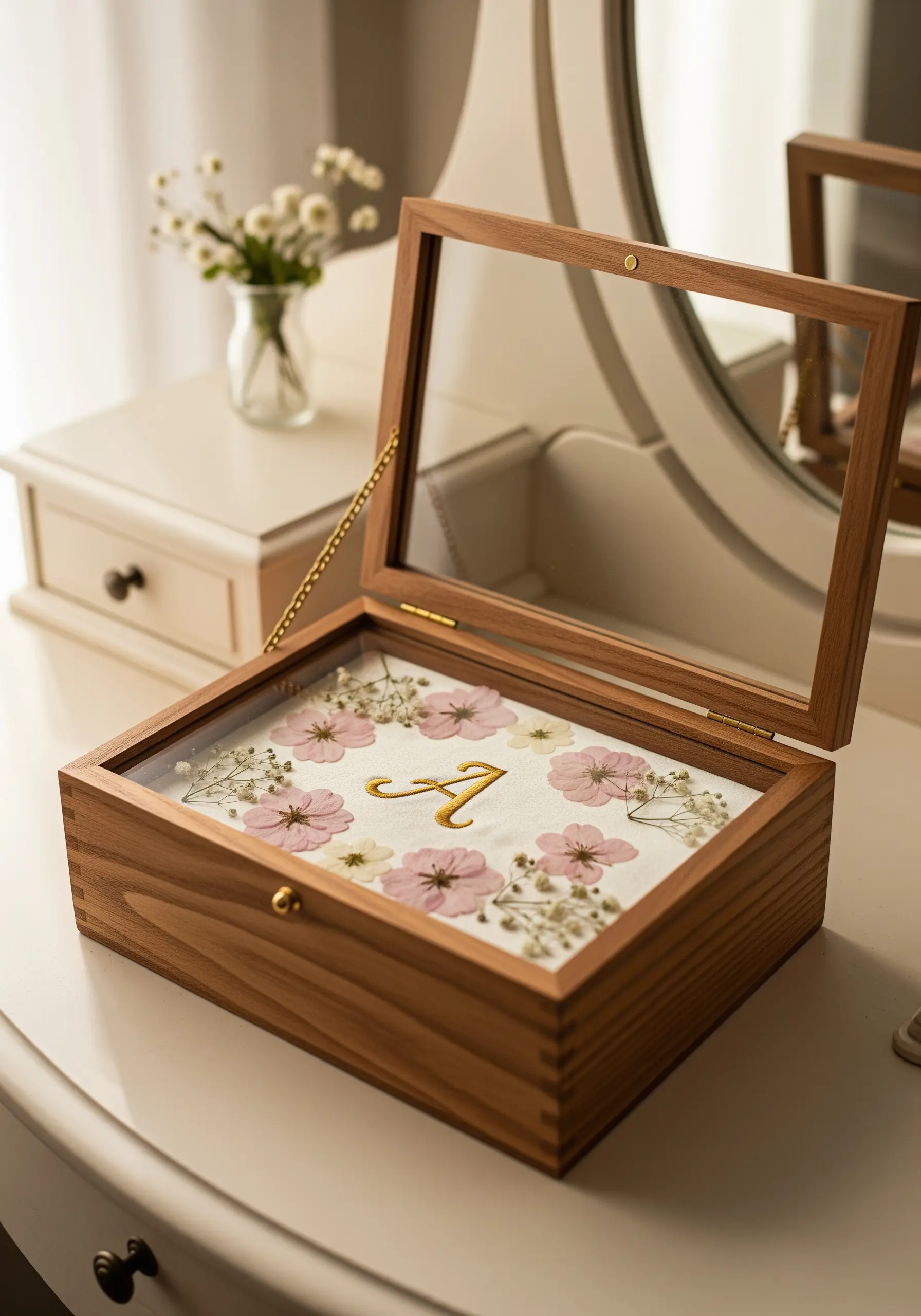 An embroidered gold monogram inside a wooden box, surrounded by pink and white pressed flowers.