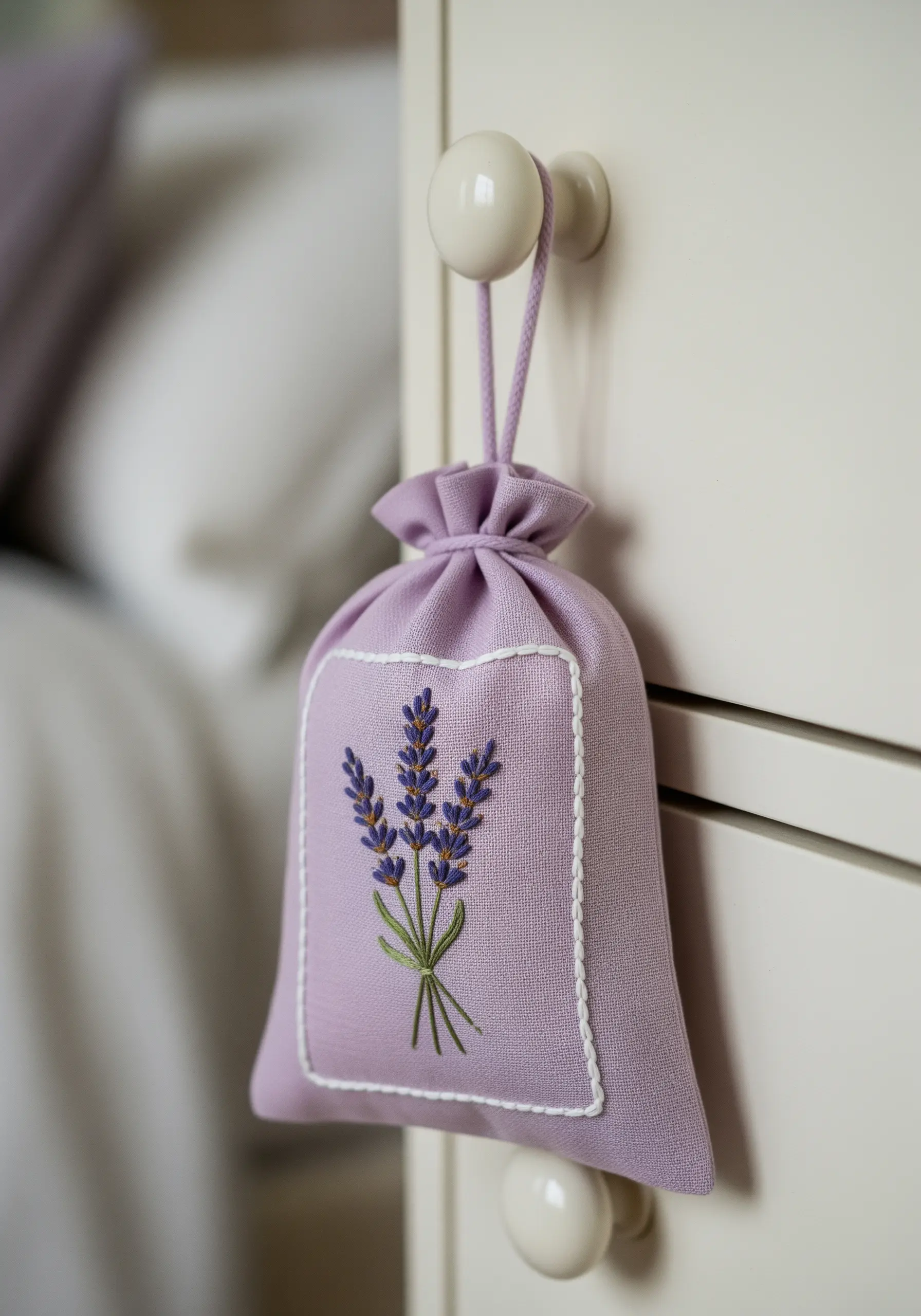 A lavender sachet with a small bouquet of embroidered lavender framed by a white stitched border.