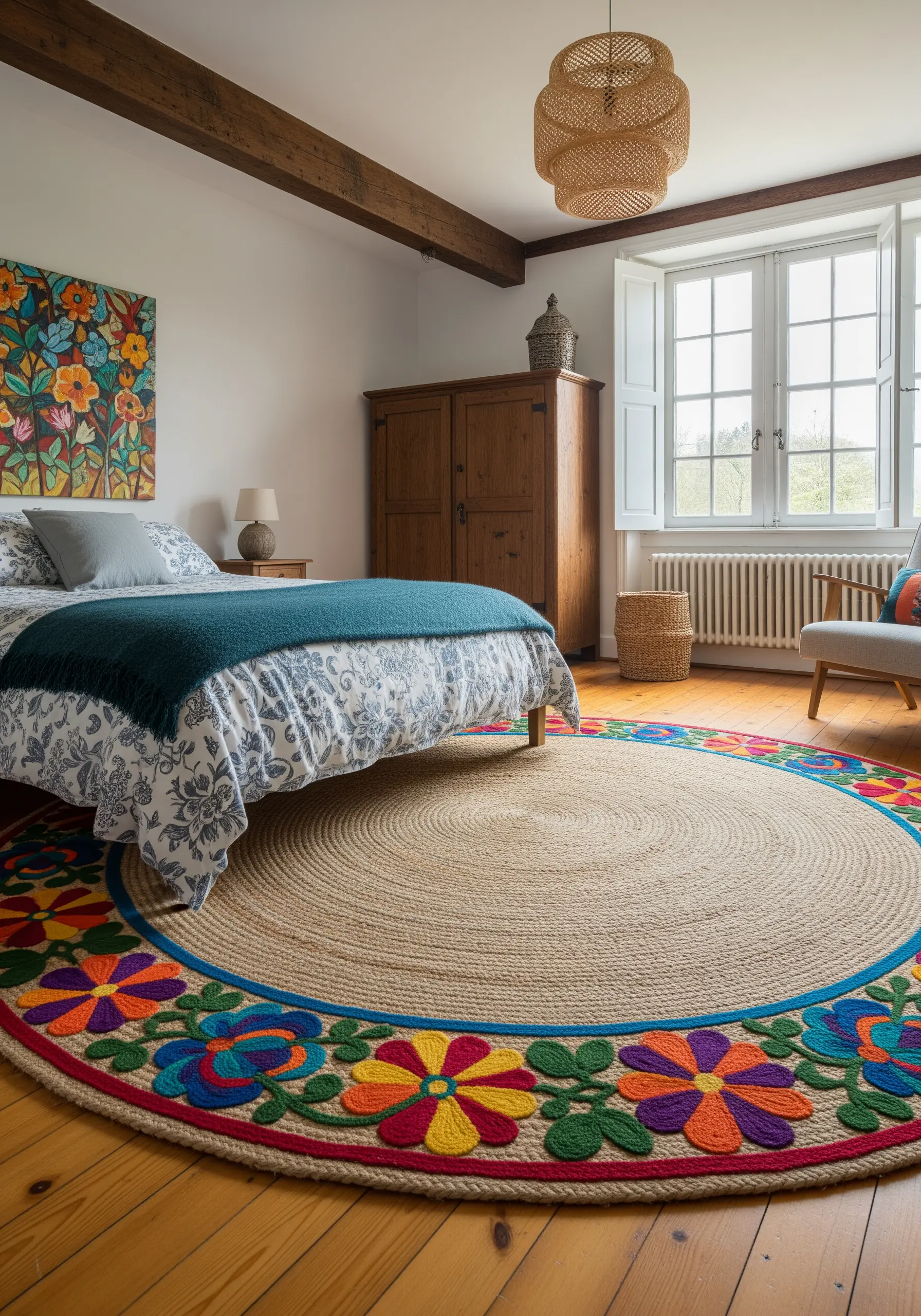 A round jute rug with a vibrant, colorful floral border embroidered in thick wool yarn.