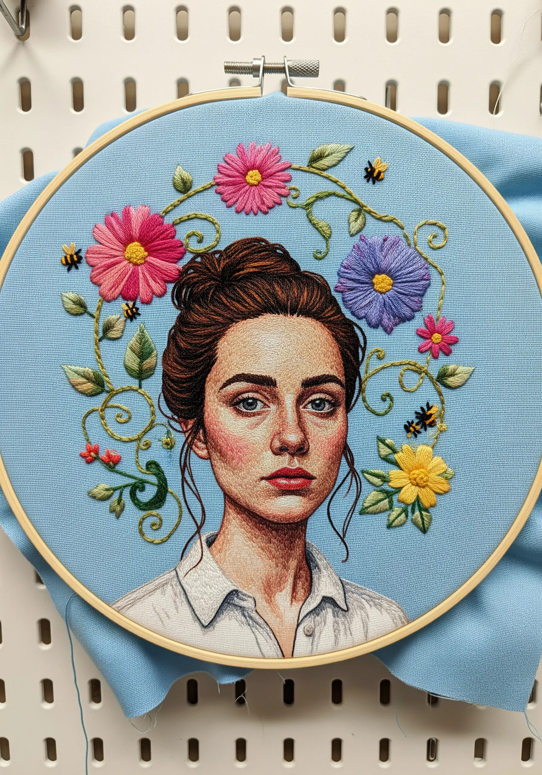 A thread-painted portrait of a woman with her hair up, encircled by a colorful floral wreath.