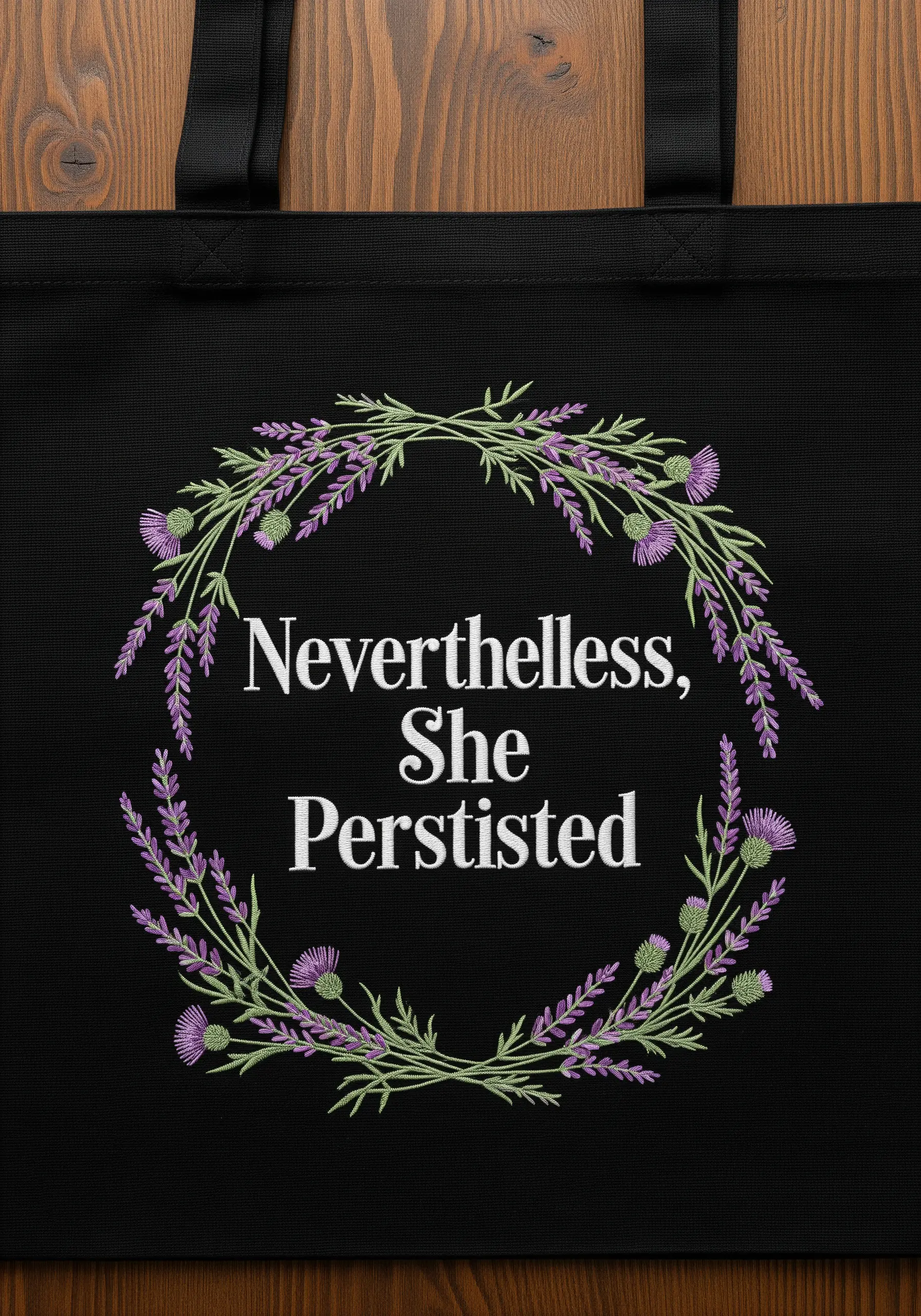 Embroidered quote 'Nevertheless, She Persisted' inside a lavender and thistle wreath on a black tote.