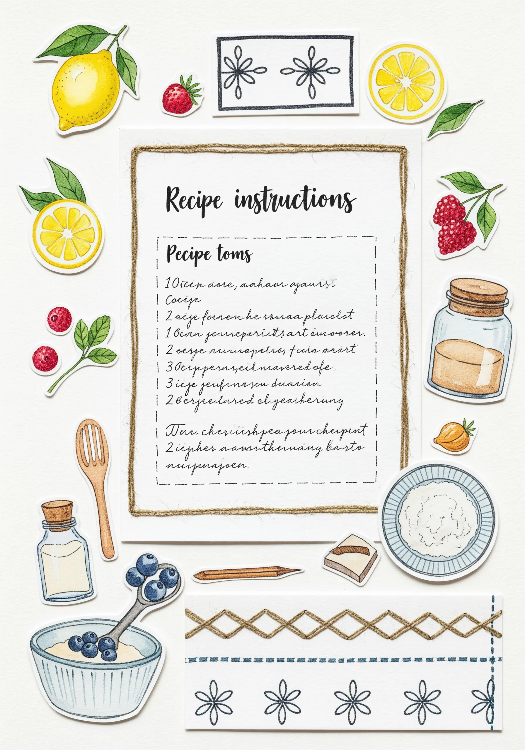 A recipe card framed with couched twine and surrounded by food-themed paper cutouts.