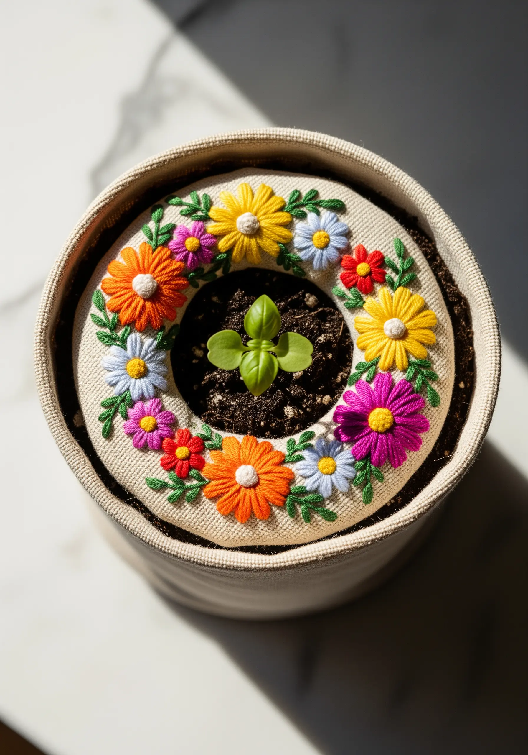 A colorful floral embroidery wreath stitched around the opening of a fabric planter.