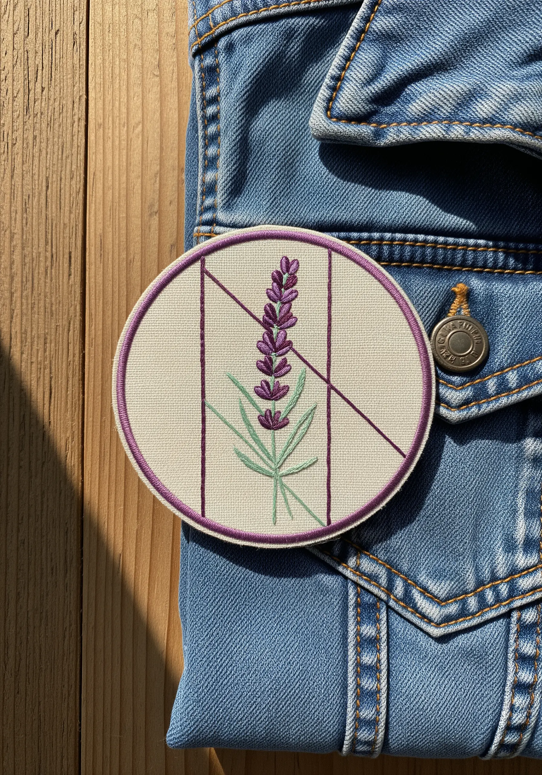 A modern, geometric embroidered patch of a lavender stem on a denim jacket.