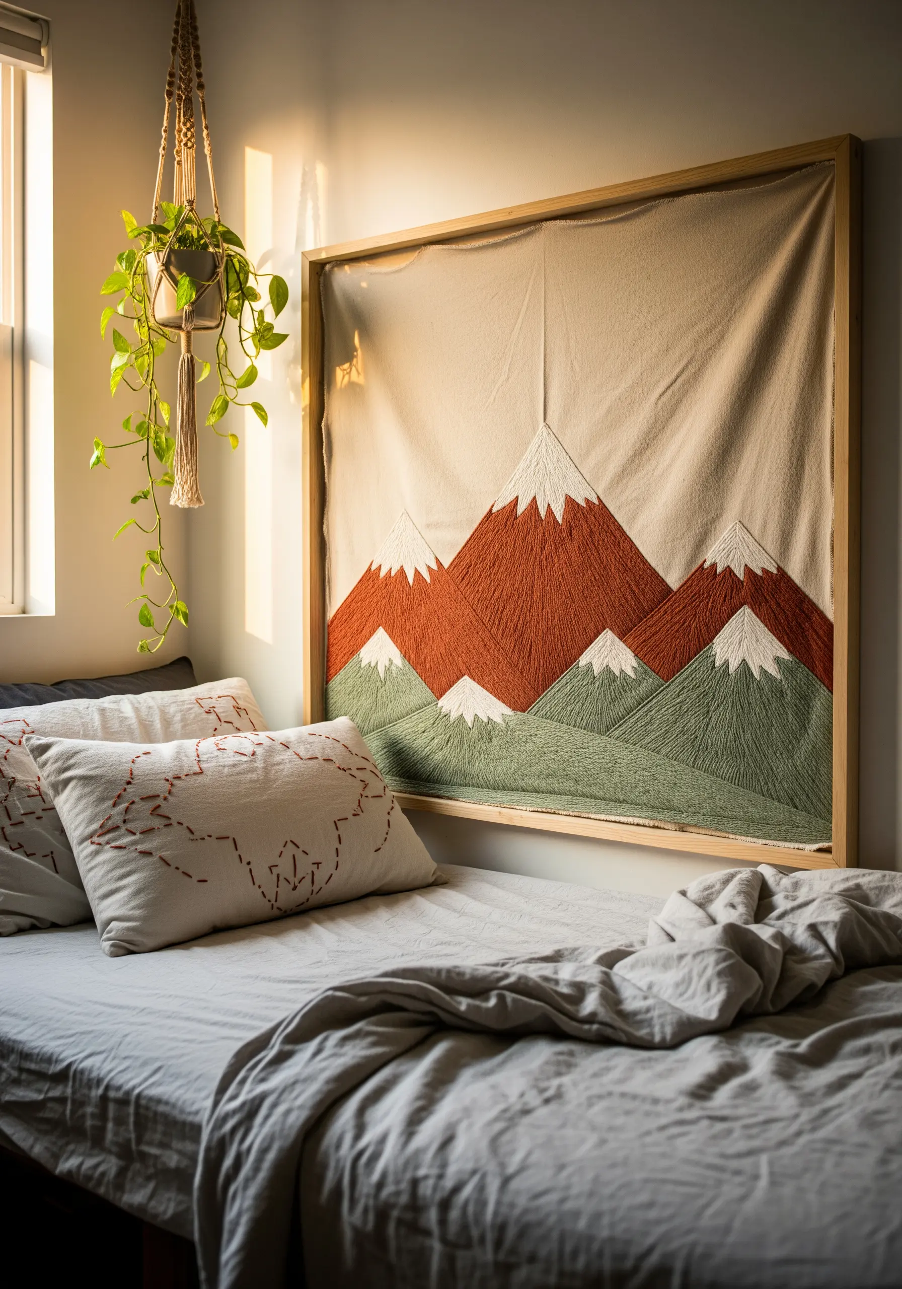 Large-scale embroidered mountain landscape framed as a headboard in a cozy bedroom.