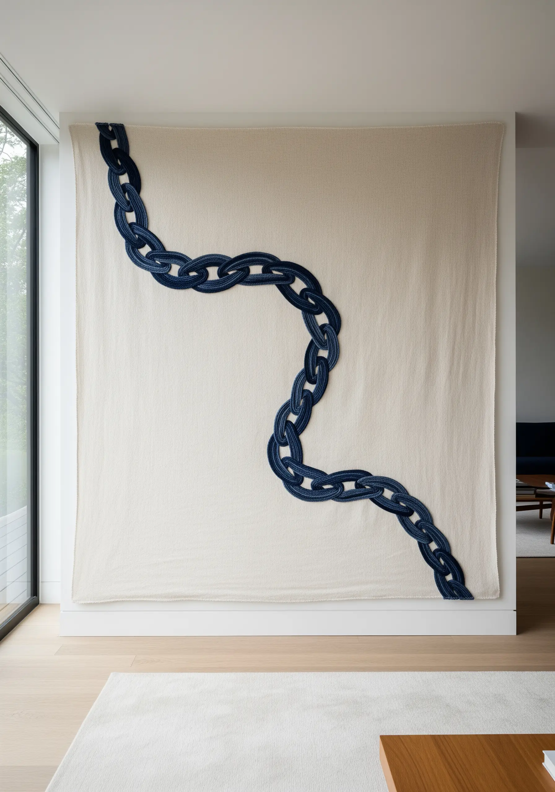 Large-scale wall tapestry with a sculptural, dark blue chain motif on a neutral background.