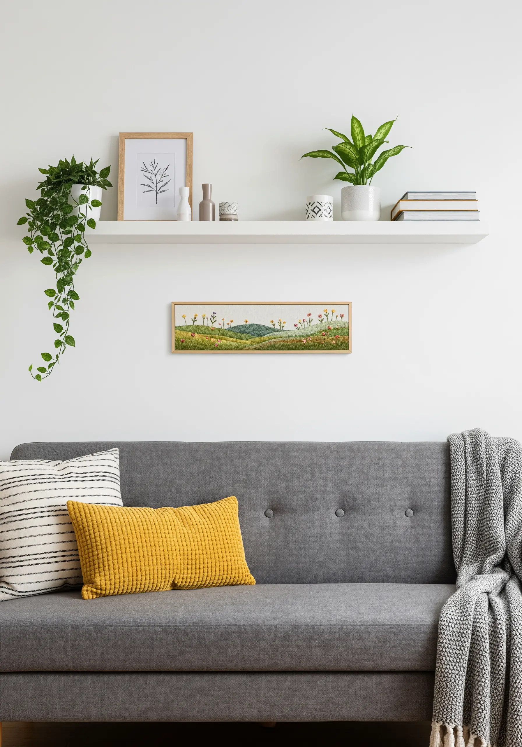 A long rectangular frame with an embroidered landscape of hills and flowers, on a shelf over a sofa.