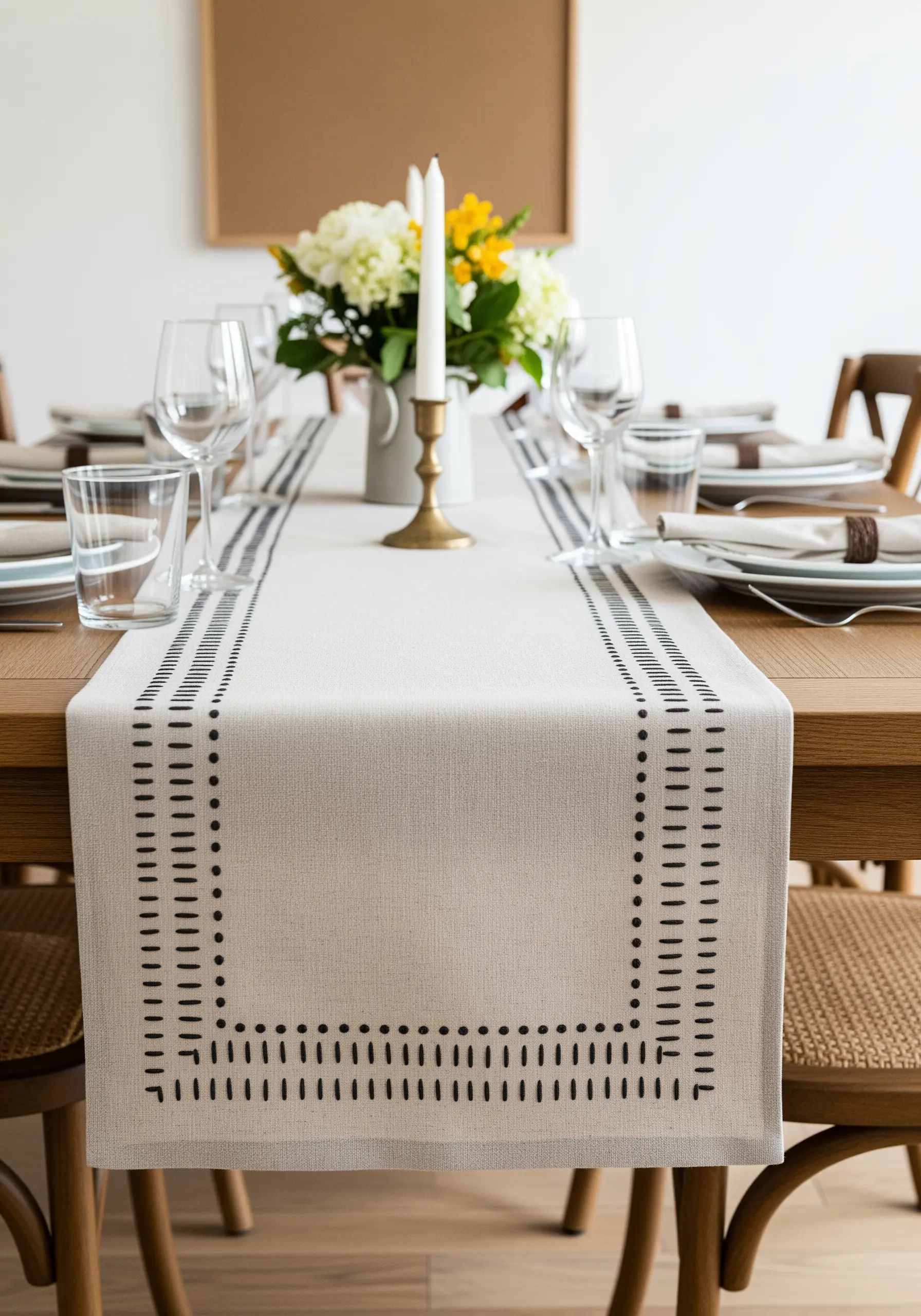 A linen table runner with a hand-stitched border of dashes and dots in black thread.