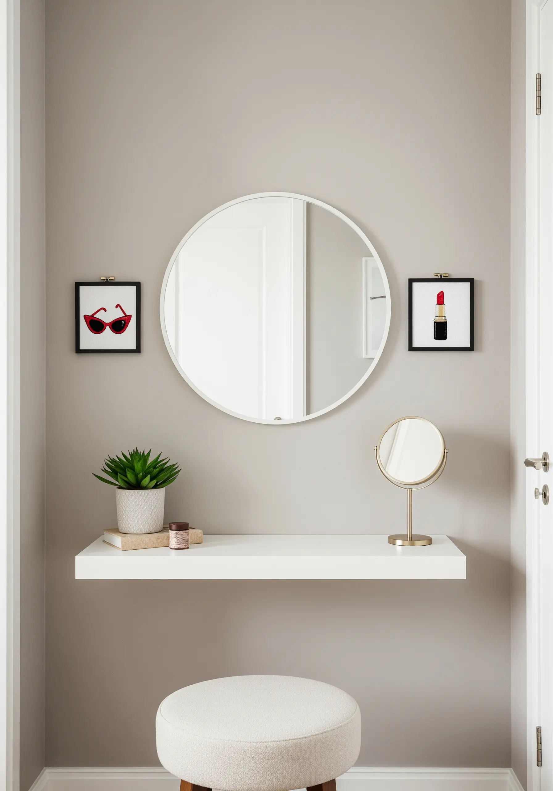 Two small framed embroidery pieces, one of sunglasses and one of lipstick, flanking a mirror