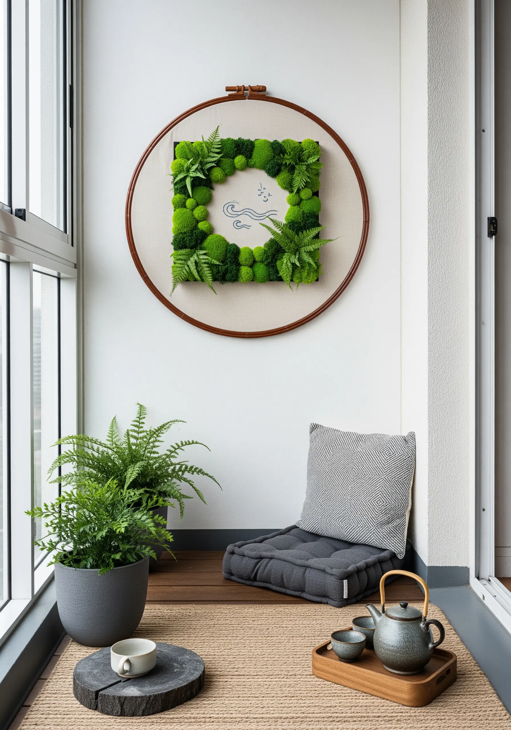 A large embroidery hoop framing a square of preserved moss and ferns.
