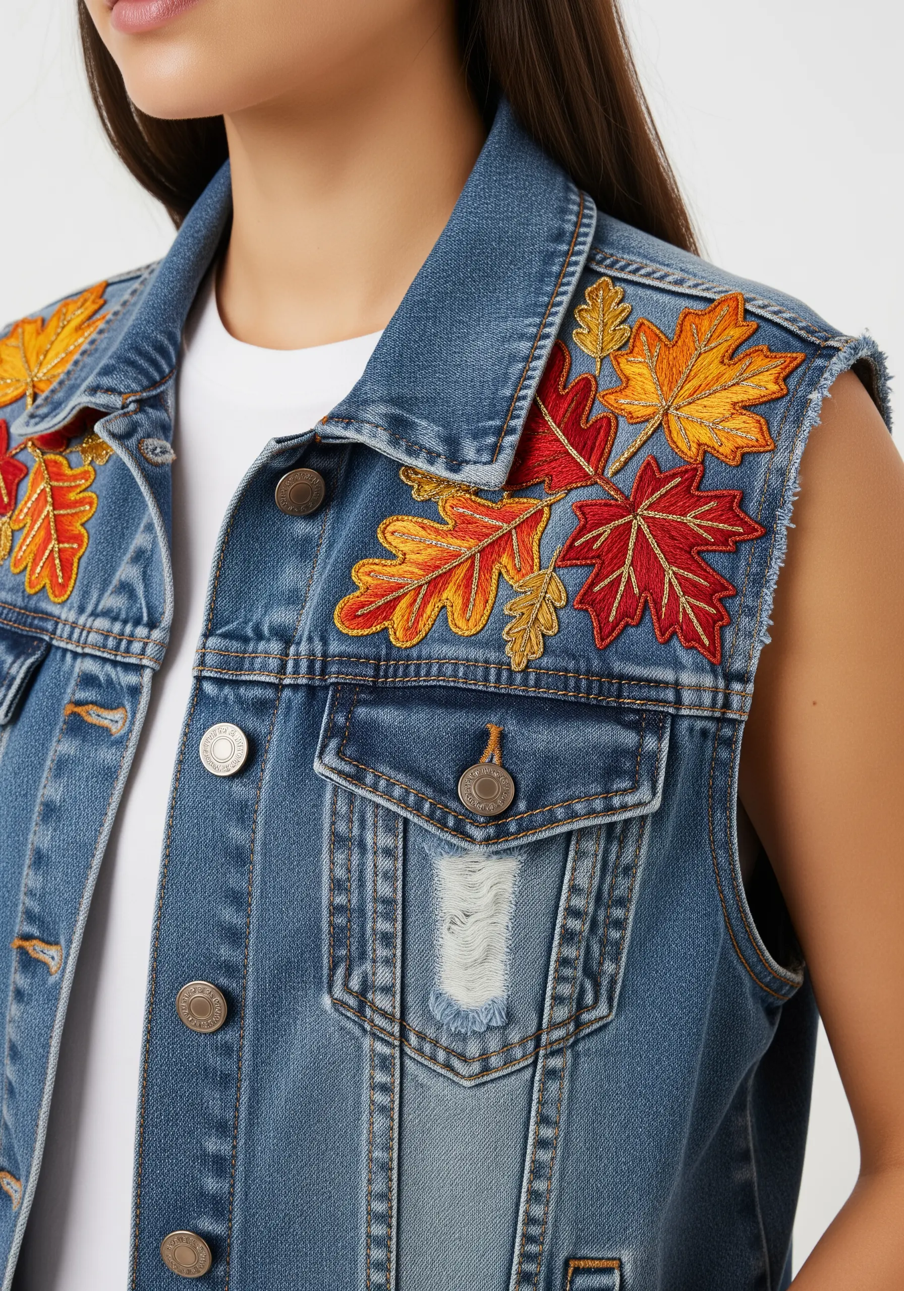 Autumnal maple leaves in red, orange, and yellow stitched on the shoulders of a denim vest.