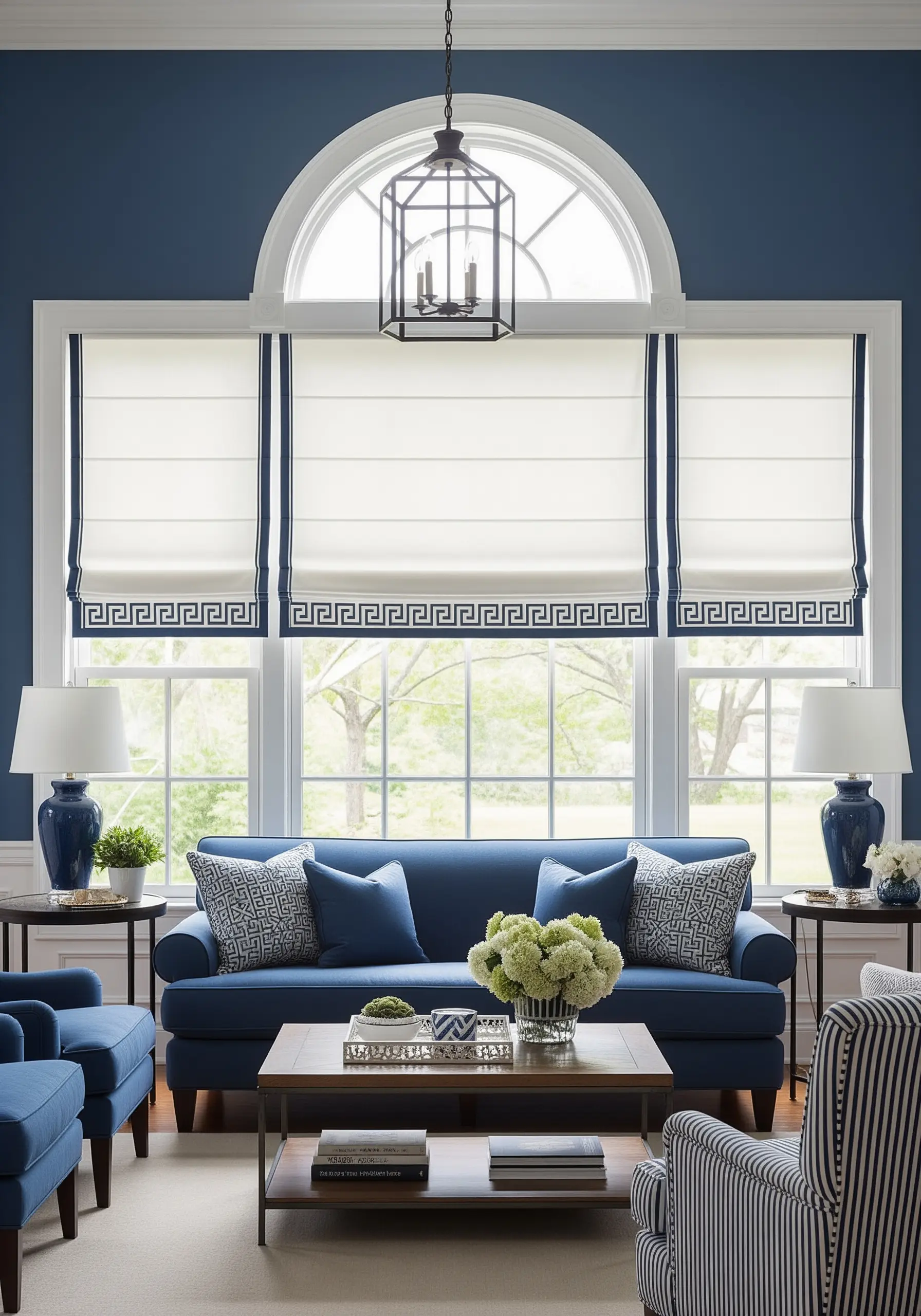 White Roman shades with an embroidered navy blue Greek key border design.