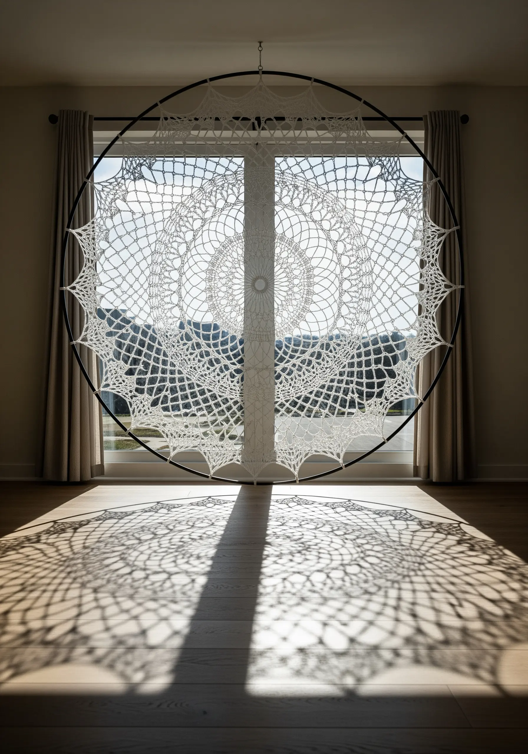 A giant white crocheted doily stretched in a large hoop in front of a window.
