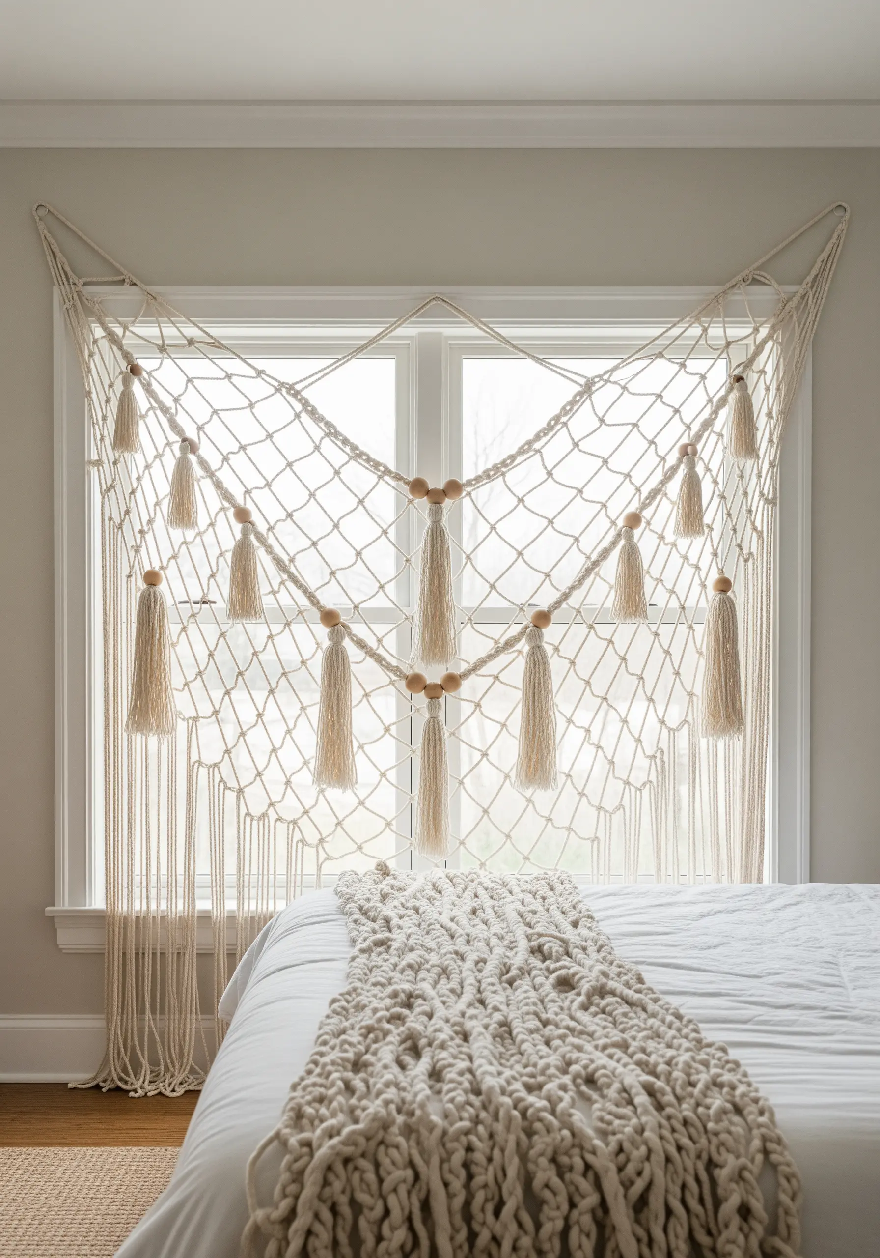 A large macrame window hanging with a net pattern, wooden beads, and long tassels framing a window.