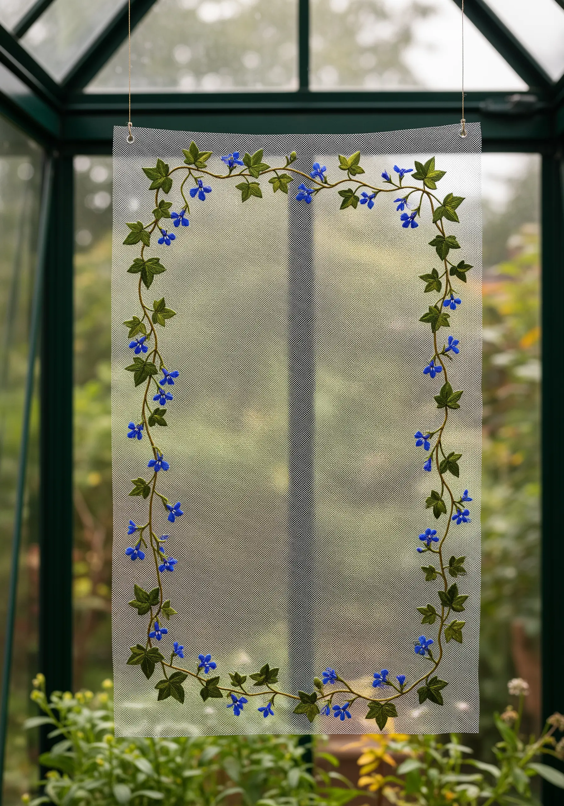 A delicate border of embroidered blue flowers and green vines on a sheer panel in a greenhouse.