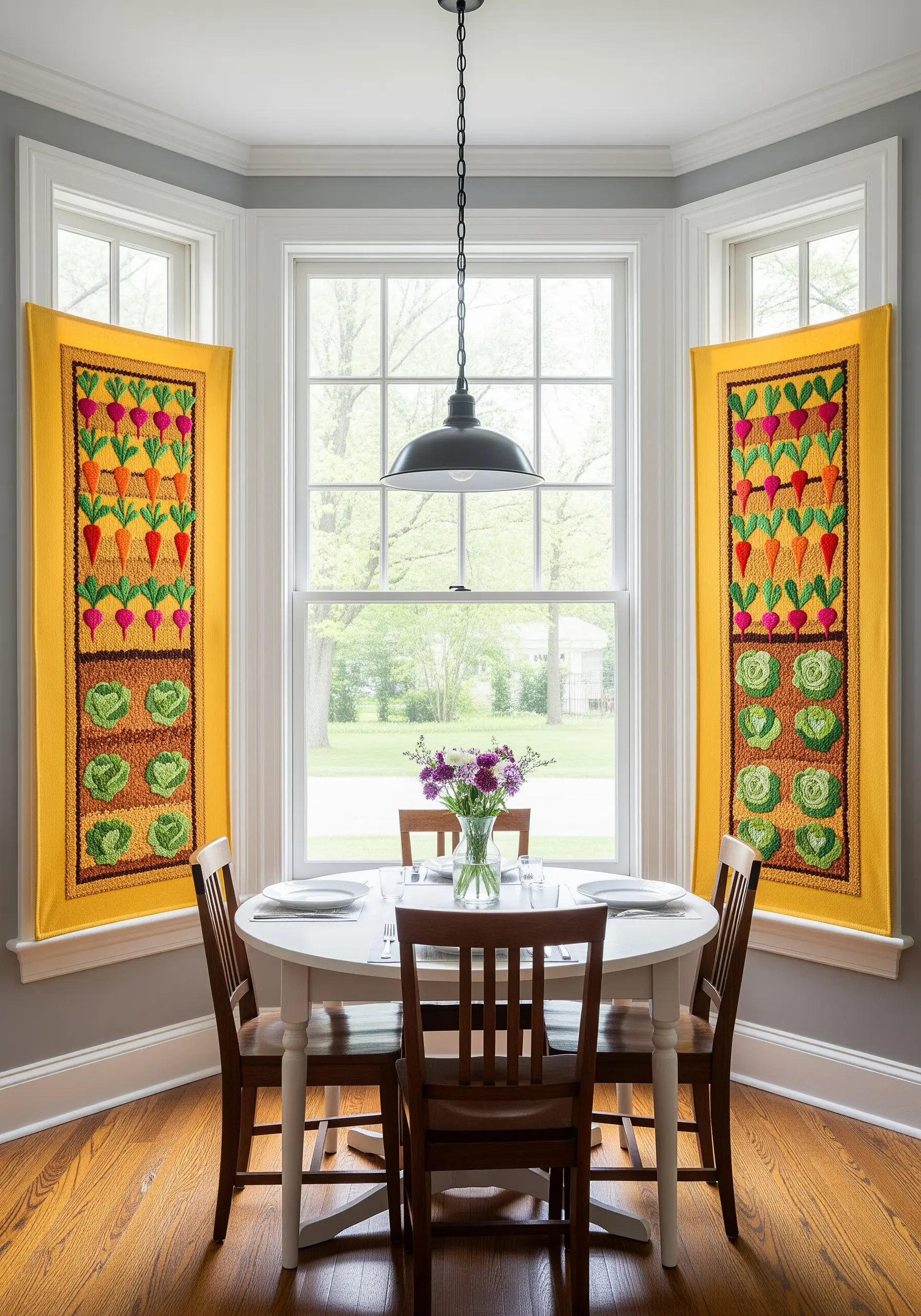 Two bright yellow embroidered panels depicting rows of garden vegetables framing a dining room window