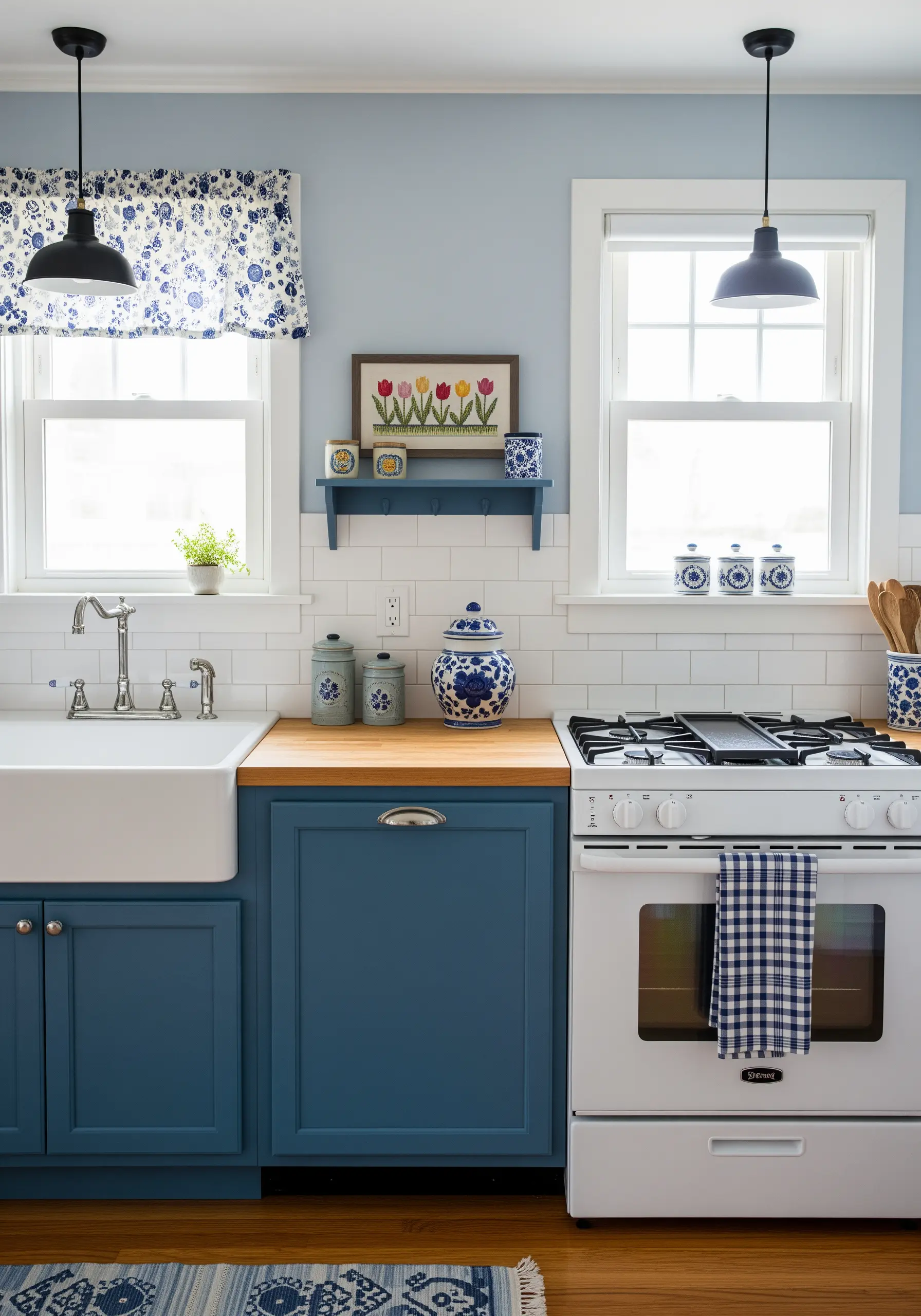 Framed embroidery of tulips on a shelf, coordinated with a blue floral window valance.