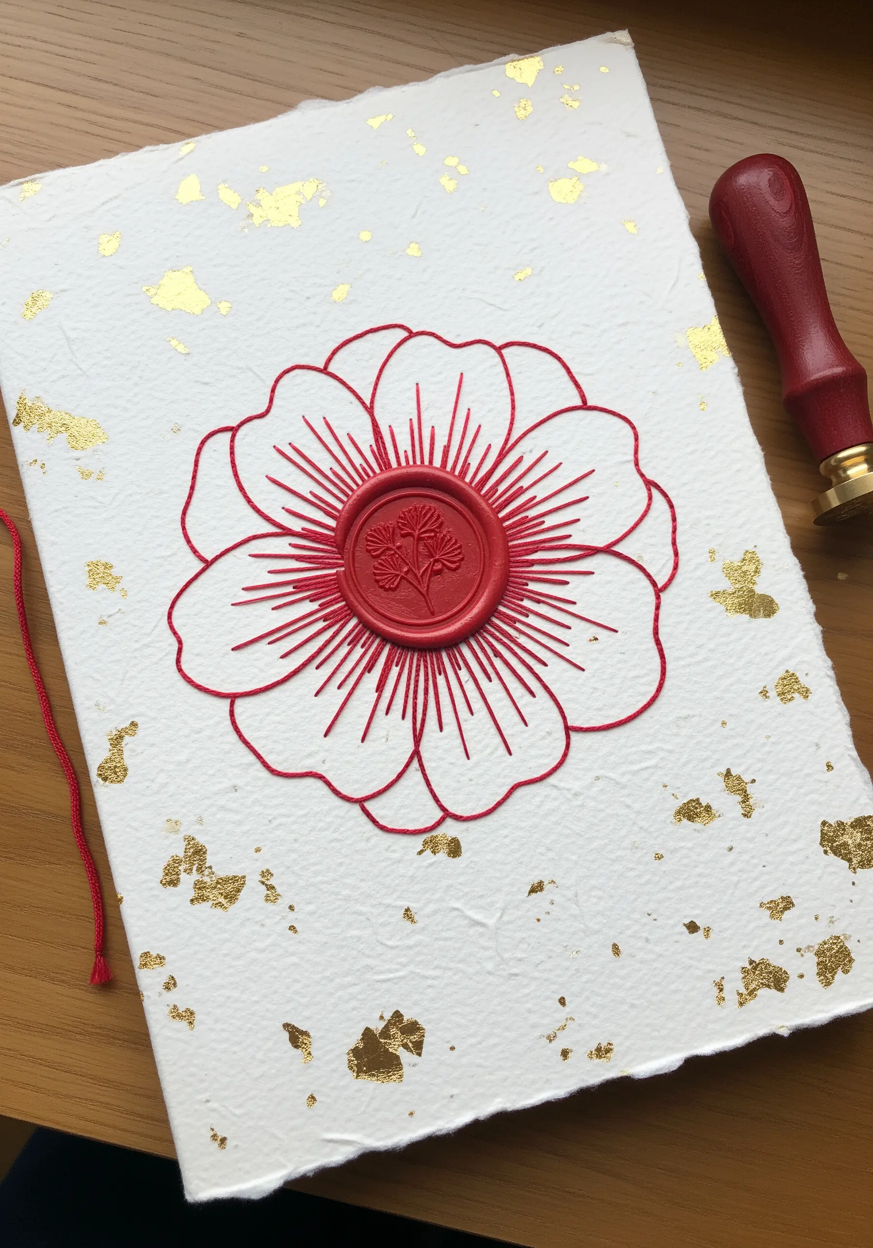 A red wax seal pressed into the center of a red backstitch flower on handmade paper with gold leaf.