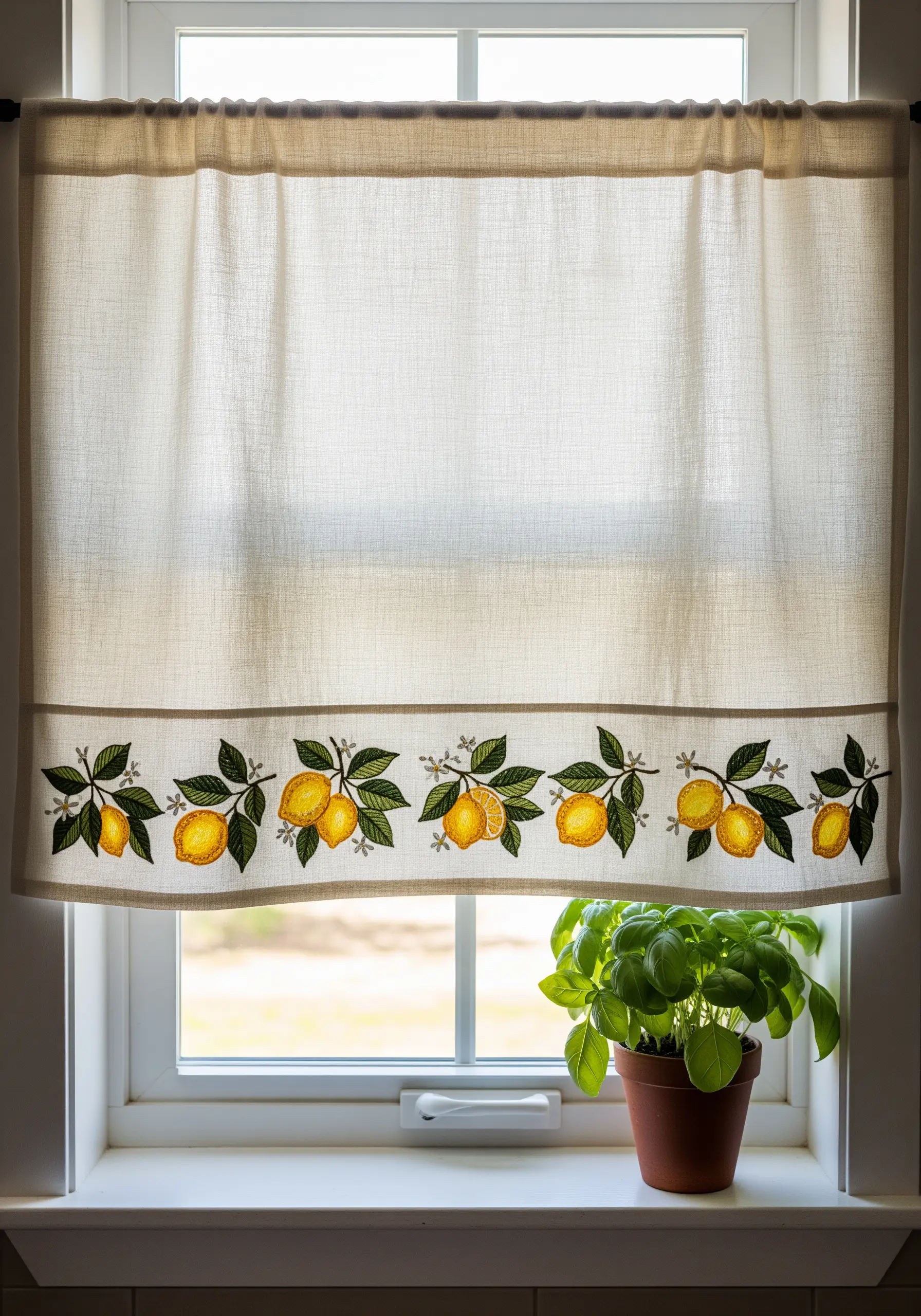 A linen kitchen curtain with a detailed embroidered border of lemons and leaves
