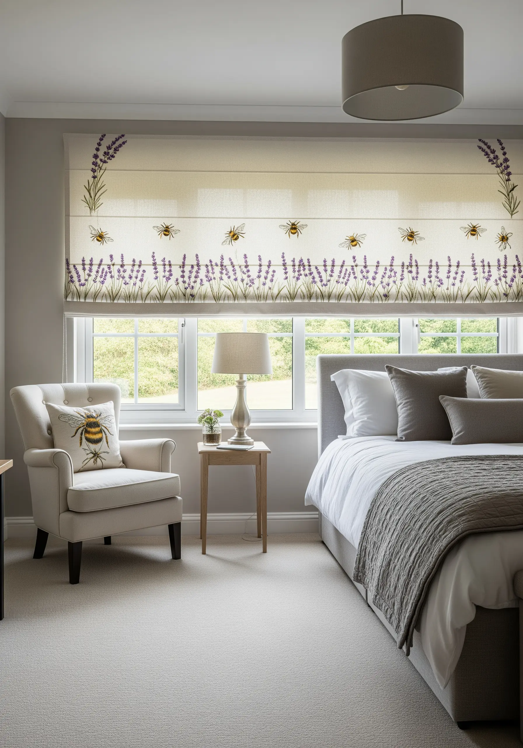 Roman blinds embroidered with lavender sprigs and bees along the top and bottom borders.